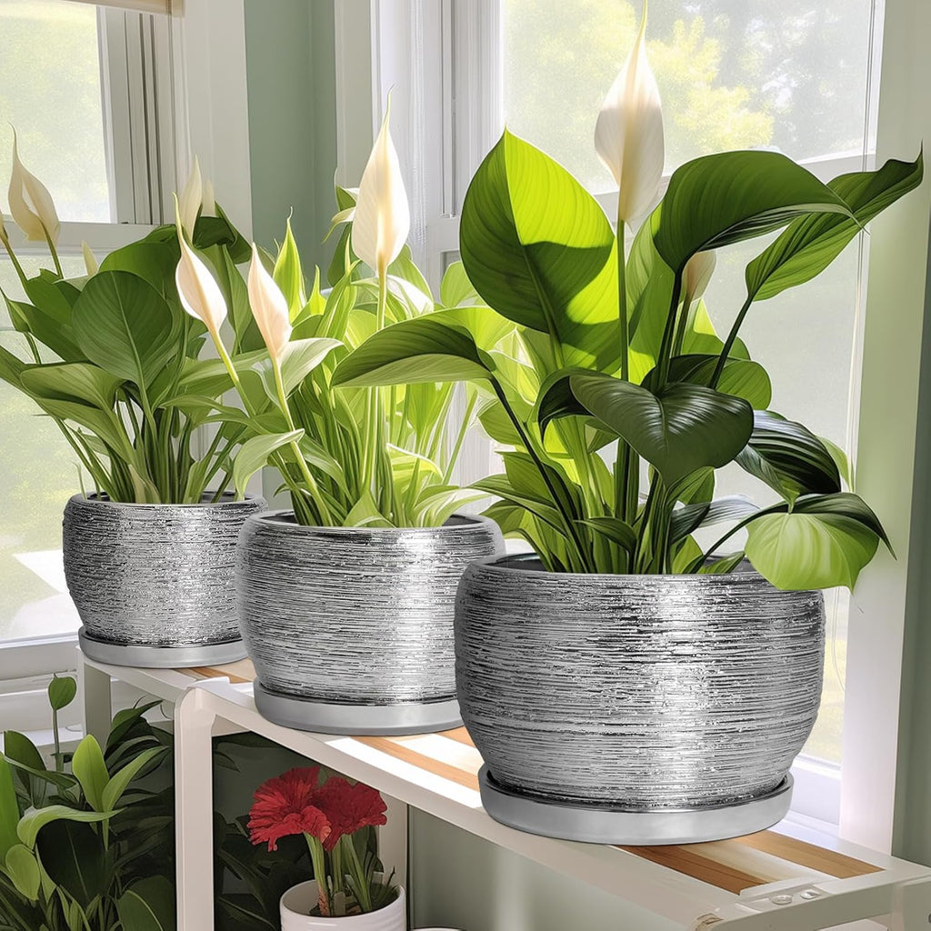 SQOWL Ceramic Pot for Plants - 10 Inch Planter Indoor, Round Large Planter Outdoor with Drainage Hole and Plant Saucer, Decorative Ceramic Flower Pot, Kitchen Decor, Housewarming Gifts, Silver