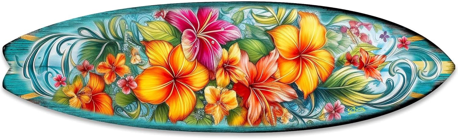 24-inch Hawaiian Flowers Surfboard Wall Art, Handcrafted Coastal Holiday Décor by G. Debrekht