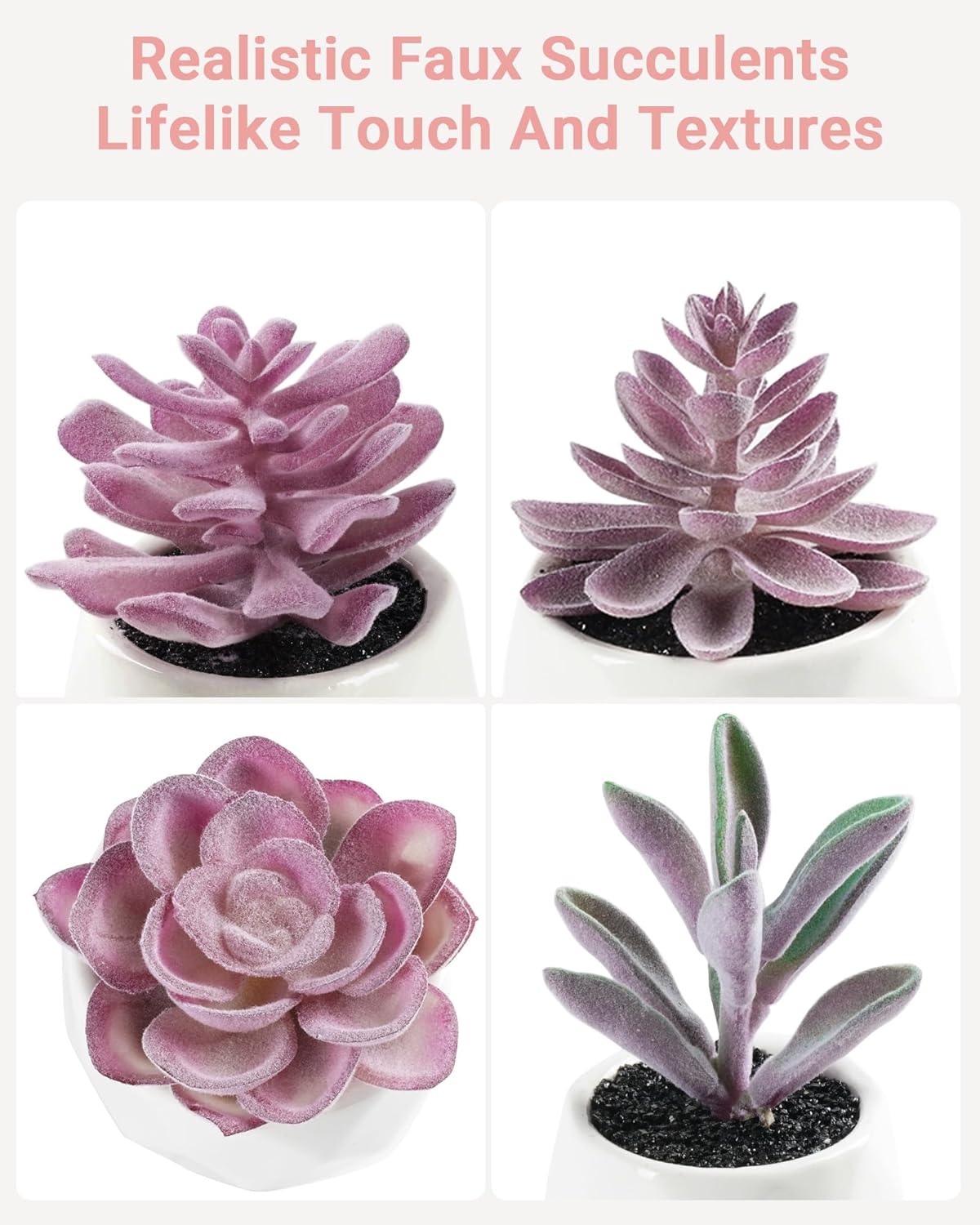 VIVERIE Mini Succulents Plants Artificial in Pots, Christmas Small Fake Plants for Home Decor Indoor for Women, White Ceramic Faux Succulents, Set of 4, Gifts for Mom-Purple