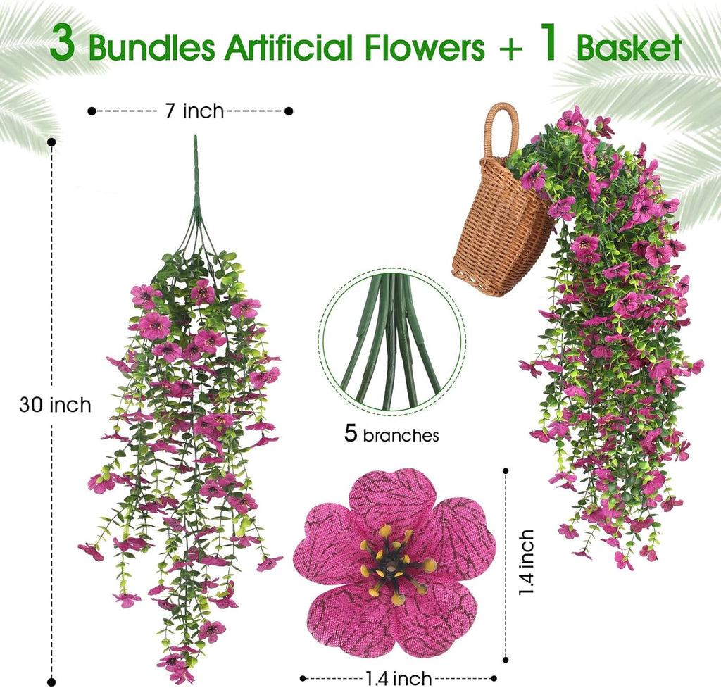 3 PCS Artificial Fake Hanging Flowers Plants with Basket for Spring Outdoor Outside Decoration, UV Resistant Faux Plastic Fabric Flower for Garden Porch Patio Balcony Yard Decor（Pink）