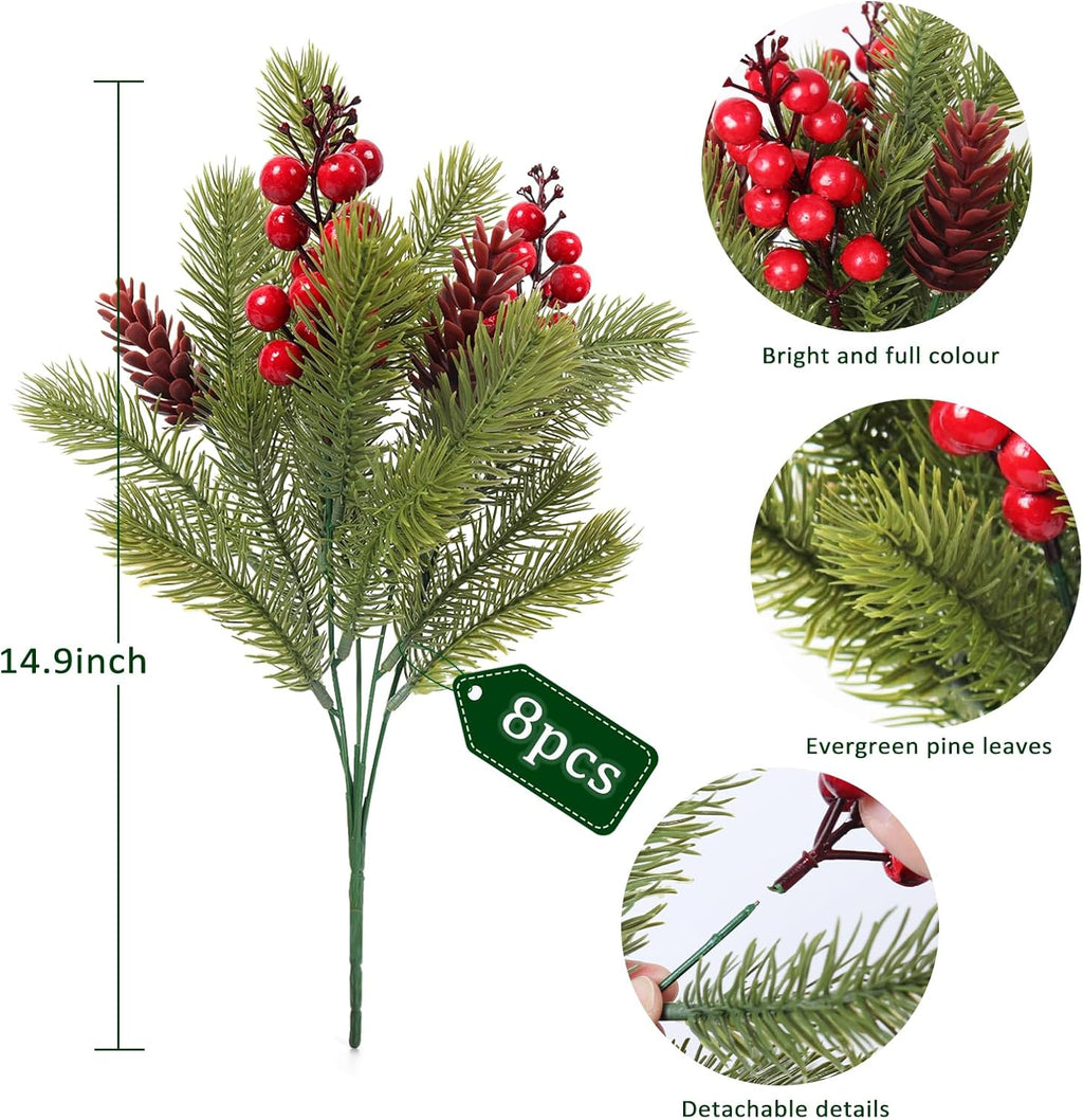RECUTMS Artificial Pine Branches with Cones and Artificial Red Berry Stems Fake Pine Branch for Decorating Faux Branches Faux Greenery for Table Fireplace Bar Party Holiday Decor in 8 Pcs（Green）