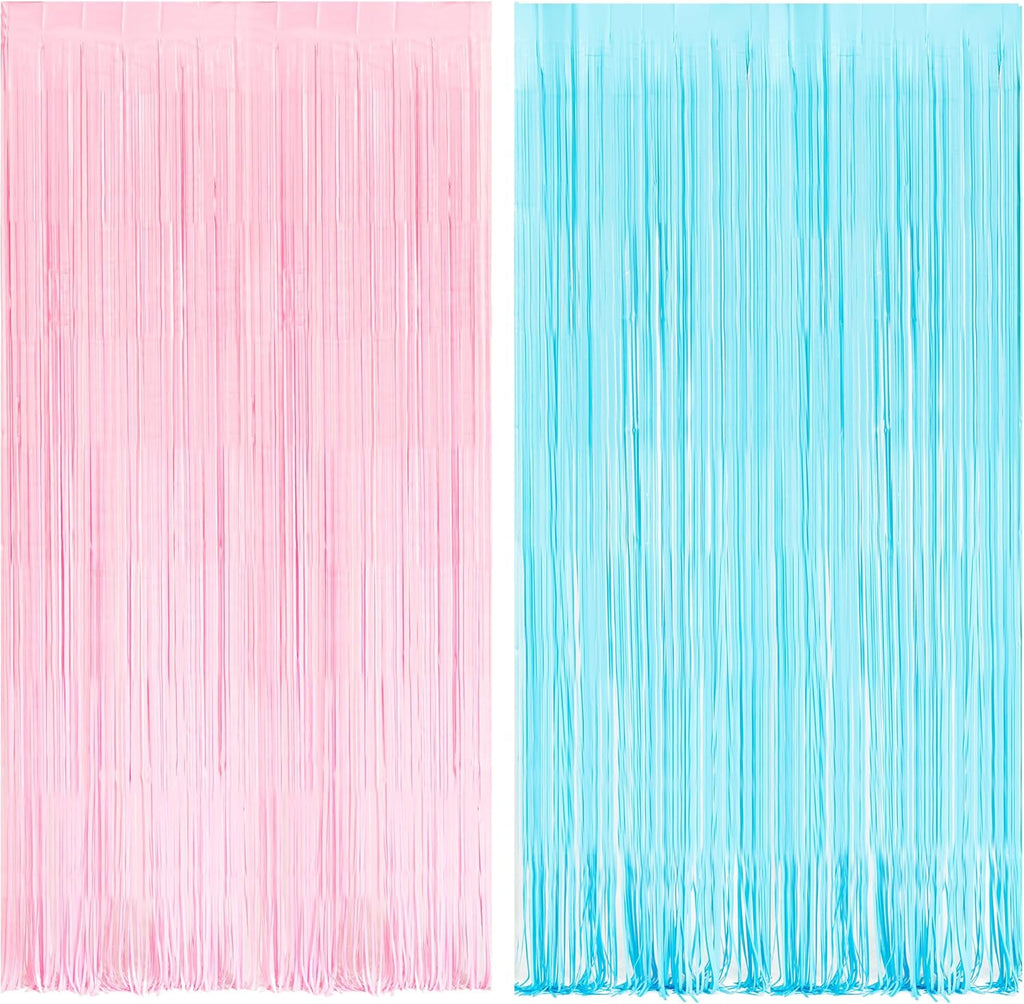 BRAVESHINE Tinsel Photo Backdrop Curtains - 2 Pack 3.2x8.2ft Pastel Pink Blue Foil Fringe Streamer Curtain for Christmas/Boy or Girl Birthdays/Mermaid/Candy/Donuts/Easter/Engagement Party Decorations