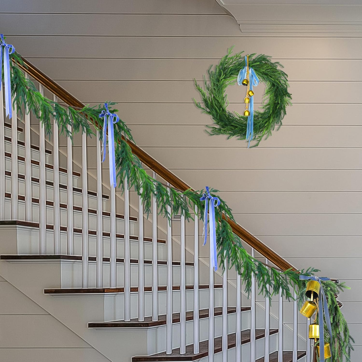 Jutom 2 Pcs 9 Feet Christmas Norfolk Pine Garland Realistic Artificial Faux Greenery Cedar Garland for Mantle Holiday Indoor Outdoor Fireplace Winter Christmas Decorations