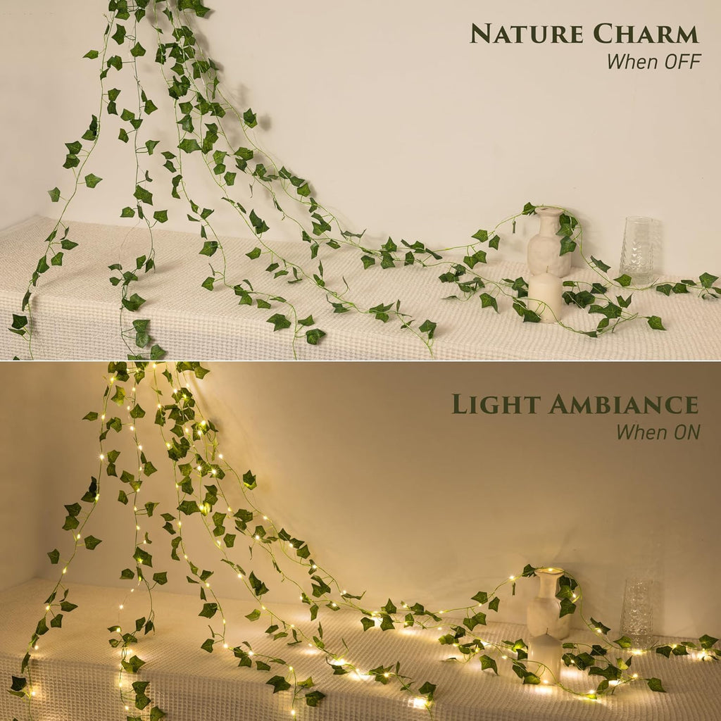 Indoor String Lights, 33ft Artificial Vine with 100 LED Fairy Lights, Battery Operated, Remote Control, 8 Lighting Modes, Green Leaf Decor