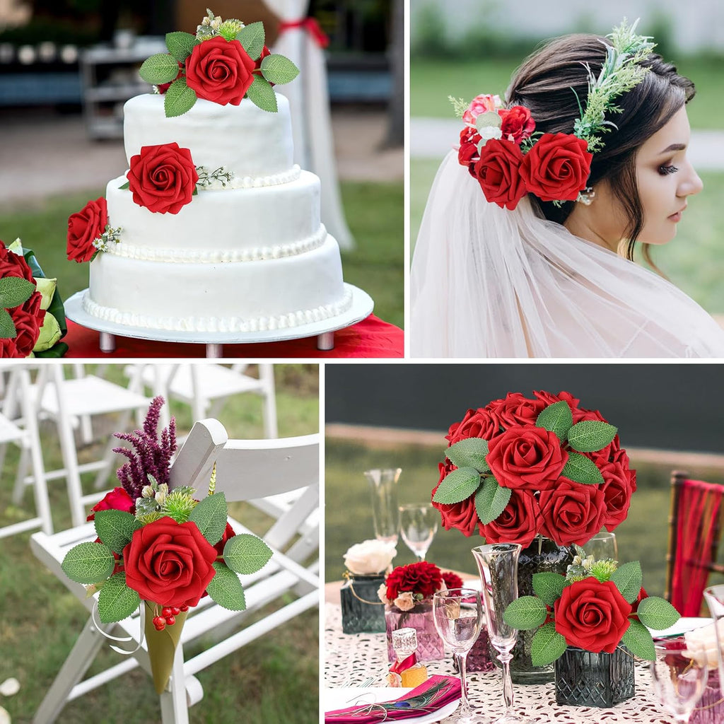 AmyHomie 25pcs Real Looking Artificial Red Roses w/Stem for DIY Wedding Bouquets Centerpieces Arrangements Party Baby Shower Valentines Day Christmas Tree Decorations