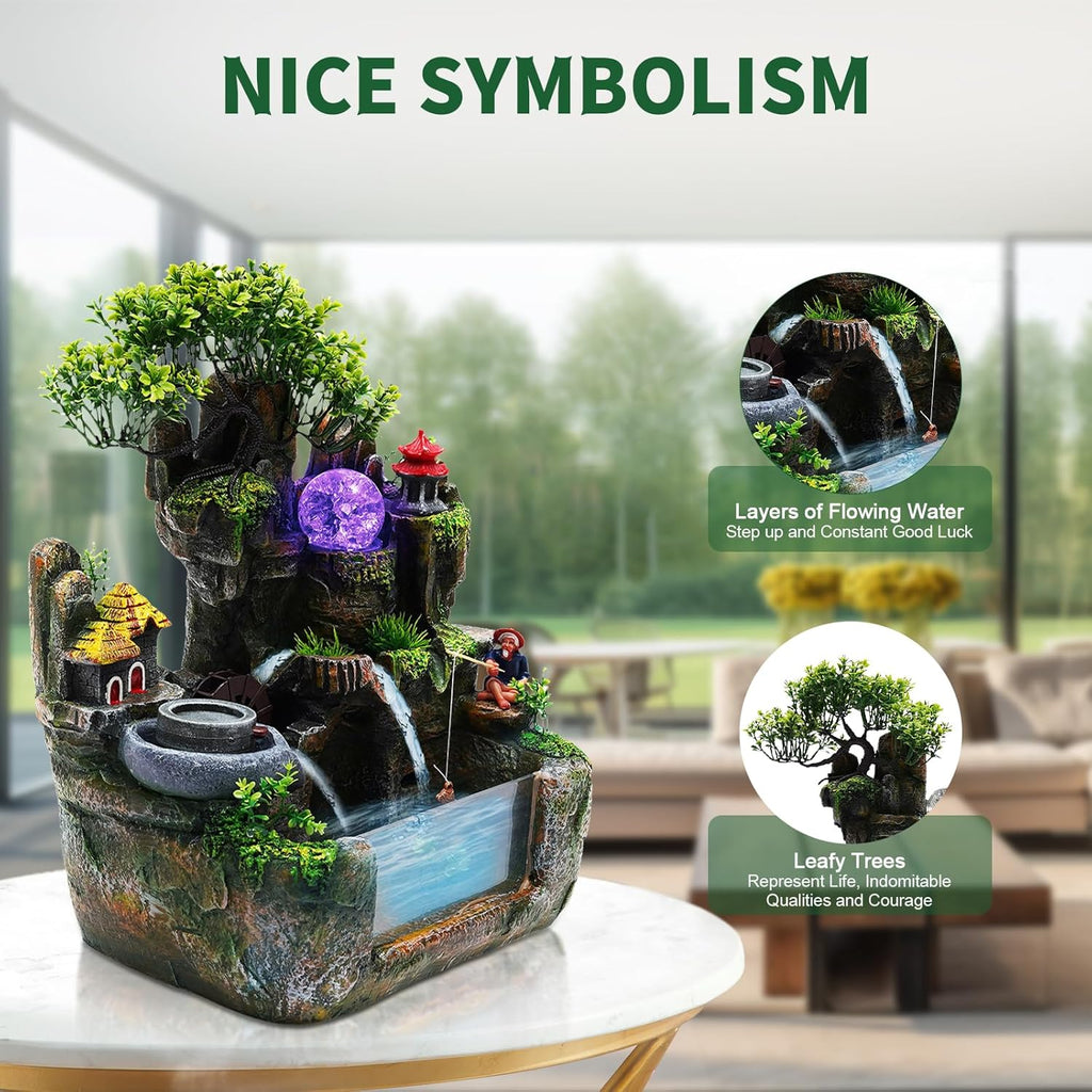 Desktop LED Waterfall Fountain,Tabletop Rockery Water Fountain with Fish Tank and Atomizer for Home Office Bedroom Decorative
