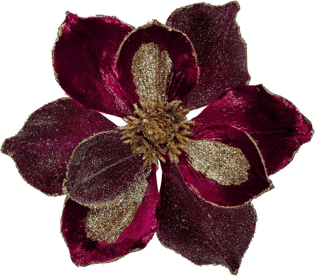Briful 10’’ Large Heads Christmas Glitter Magnolia Flowers Christmas Tree Ornaments Set of 3 Artificial Flowers with Picks Stems for Xmas Tree Holiday Decorations, Burgundy