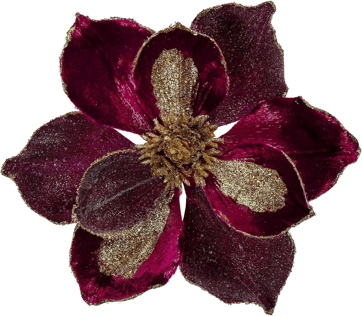 Briful 10’’ Large Heads Christmas Glitter Magnolia Flowers Christmas Tree Ornaments Set of 3 Artificial Flowers with Picks Stems for Xmas Tree Holiday Decorations, Burgundy