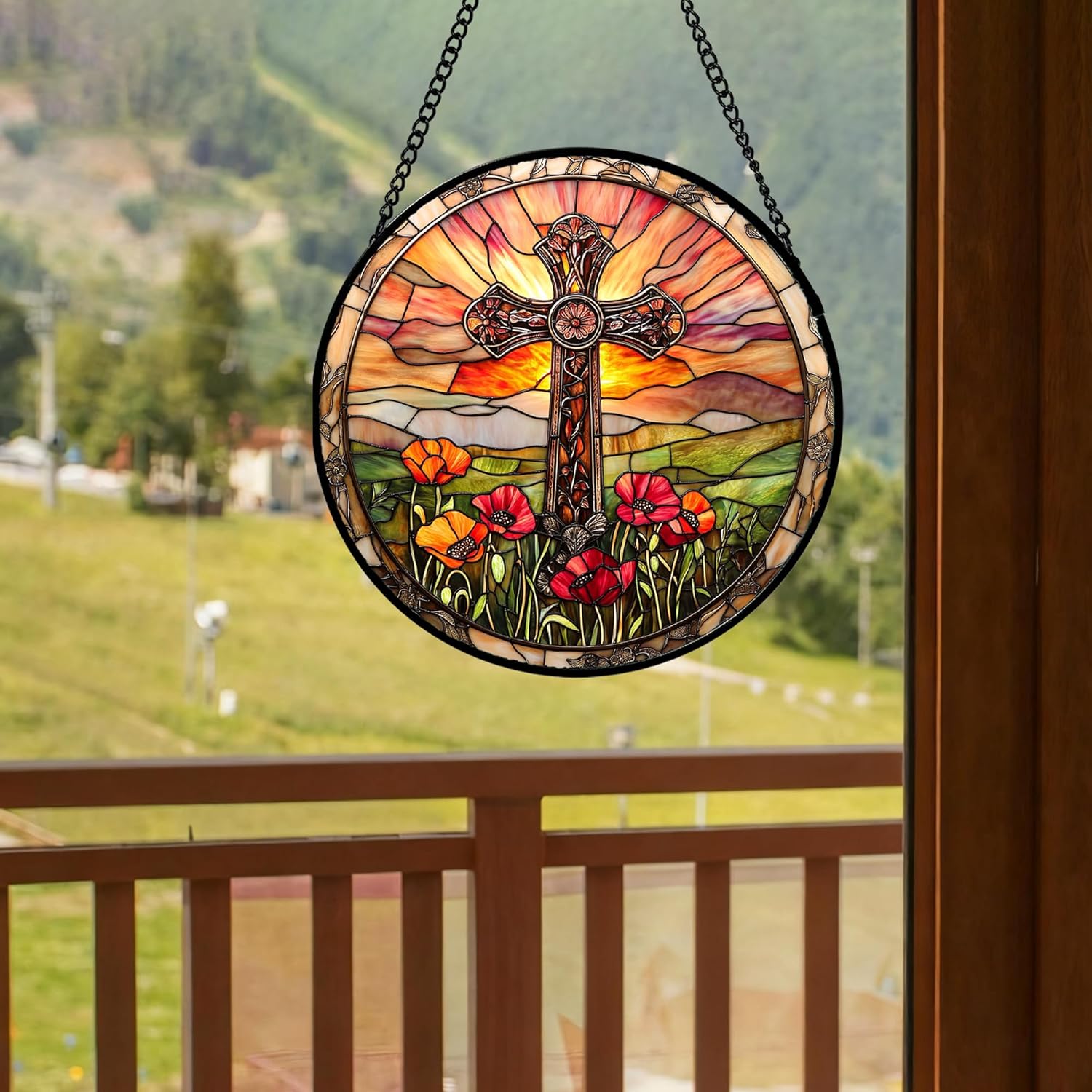 Christian Gifts for Women - Cross Stained Glass Window Hanging Jesus Easter Poppy Sunset Landscape Sun Catcher Garden Religion Decor Mother's Day Catholic Gift for Men Grandma Mom Her 6.3"