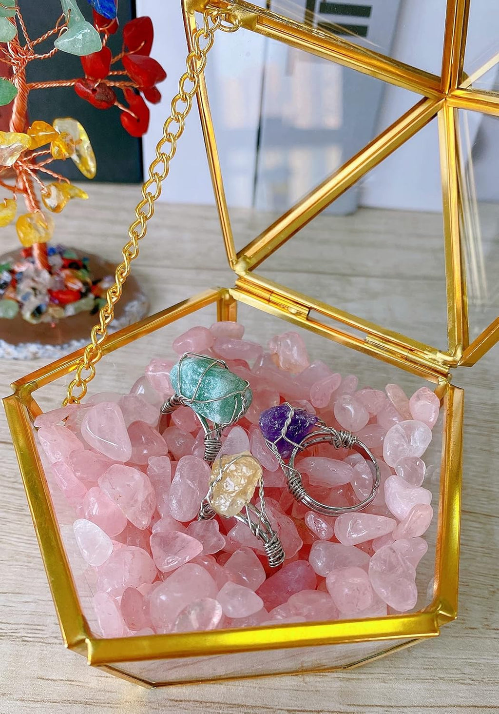 Rose Quartz Crystal Gravel Polished Chips Crushed Stones Healing Bulk Natural Tumbled Rocks Gem Home Decoration Small Pebbles for mini Aquarium Tank Plants Landscape Vase Filler Bottom Ornament 0.55lb