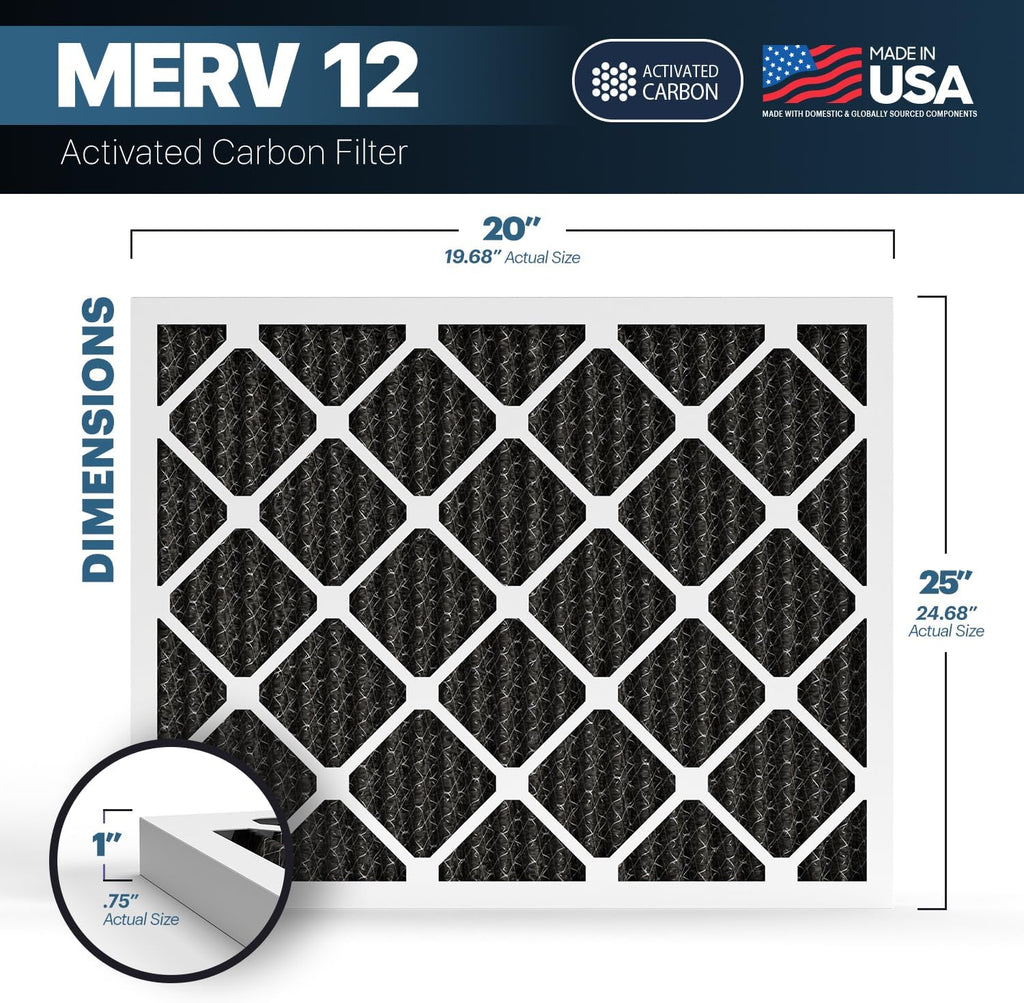 BNX TruFilter 20x25x1 MERV 12 Odor Defense (2-Pack) AC Furnace Air Filter with Activated Carbon - MADE IN USA - Pleated Air Conditioner HVAC AC Furnace Filters - Removes Odor, Mold, Bacteria, Smoke