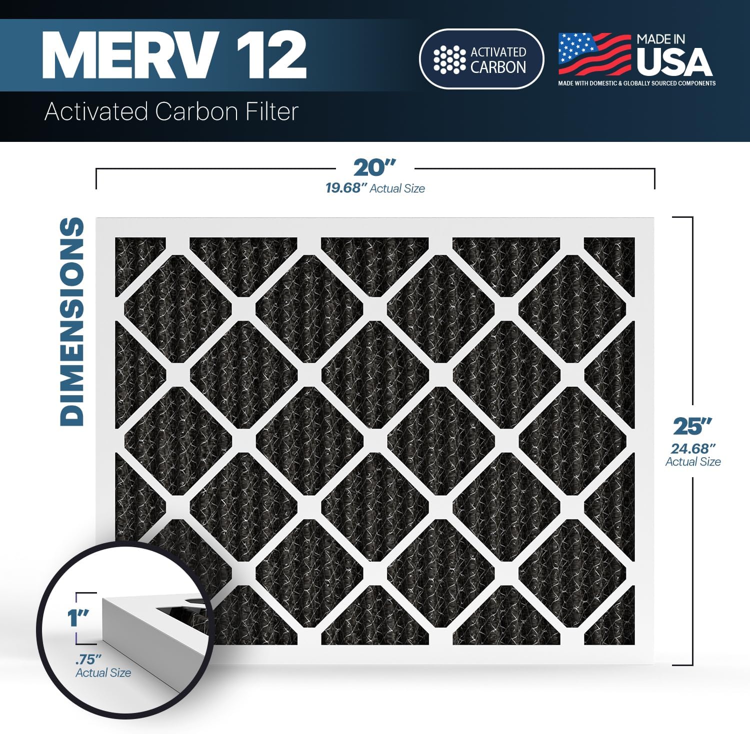 BNX TruFilter 20x25x1 MERV 12 Odor Defense (2-Pack) AC Furnace Air Filter with Activated Carbon - MADE IN USA - Pleated Air Conditioner HVAC AC Furnace Filters - Removes Odor, Mold, Bacteria, Smoke