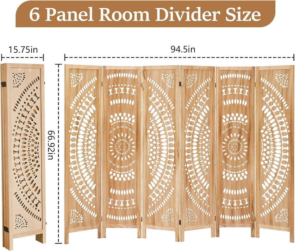 Room Dividers and Folding Privacy Screens, Boho 6 Panel Room Divider, 67" Room Divider Wall, Modern Room Partition, Privacy Dividers for Rooms, Bedroom, Light Brown