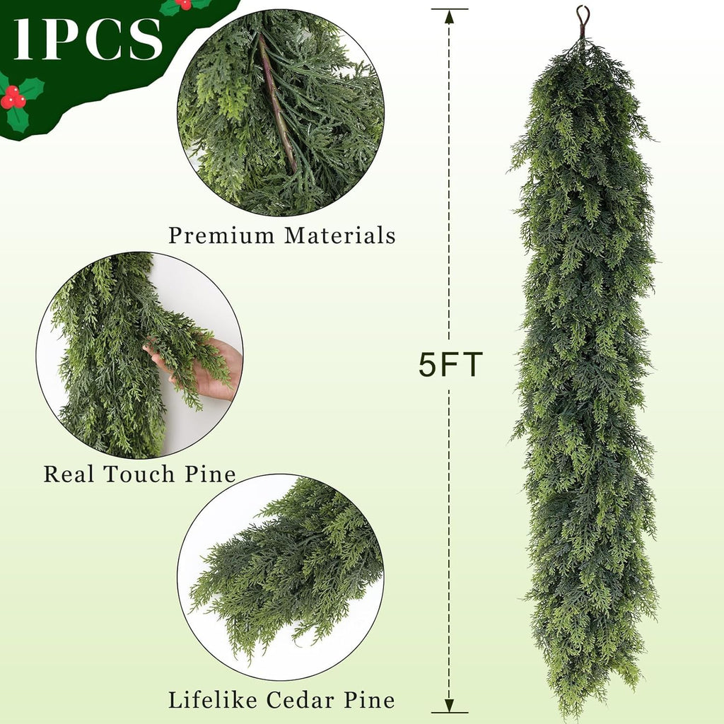 5FT Real Touch Christmas Cedar Garland - 1PCS, Artificial Pine Needles Garlands Realistic Fake Green Faux Garland for Holiday Fireplace,Table,Window,Stairs,Mante,Indoor Outdoor Decor