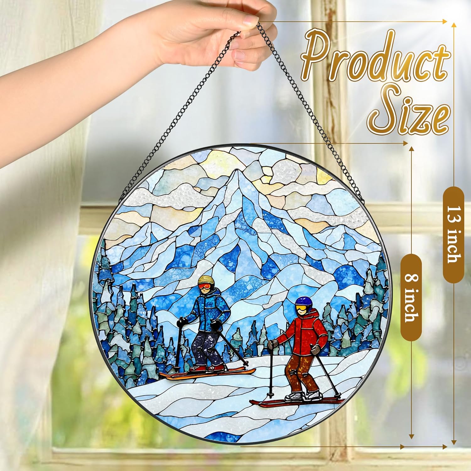8'' Snowy Mountain Skiers Sun Catcher Ornament, Stained Glass Window Hanging, Sun Catchers for Windows Hanging Ornaments, Window Decor | Ideal Gift, Gift Exchange, Gifts for Skiers