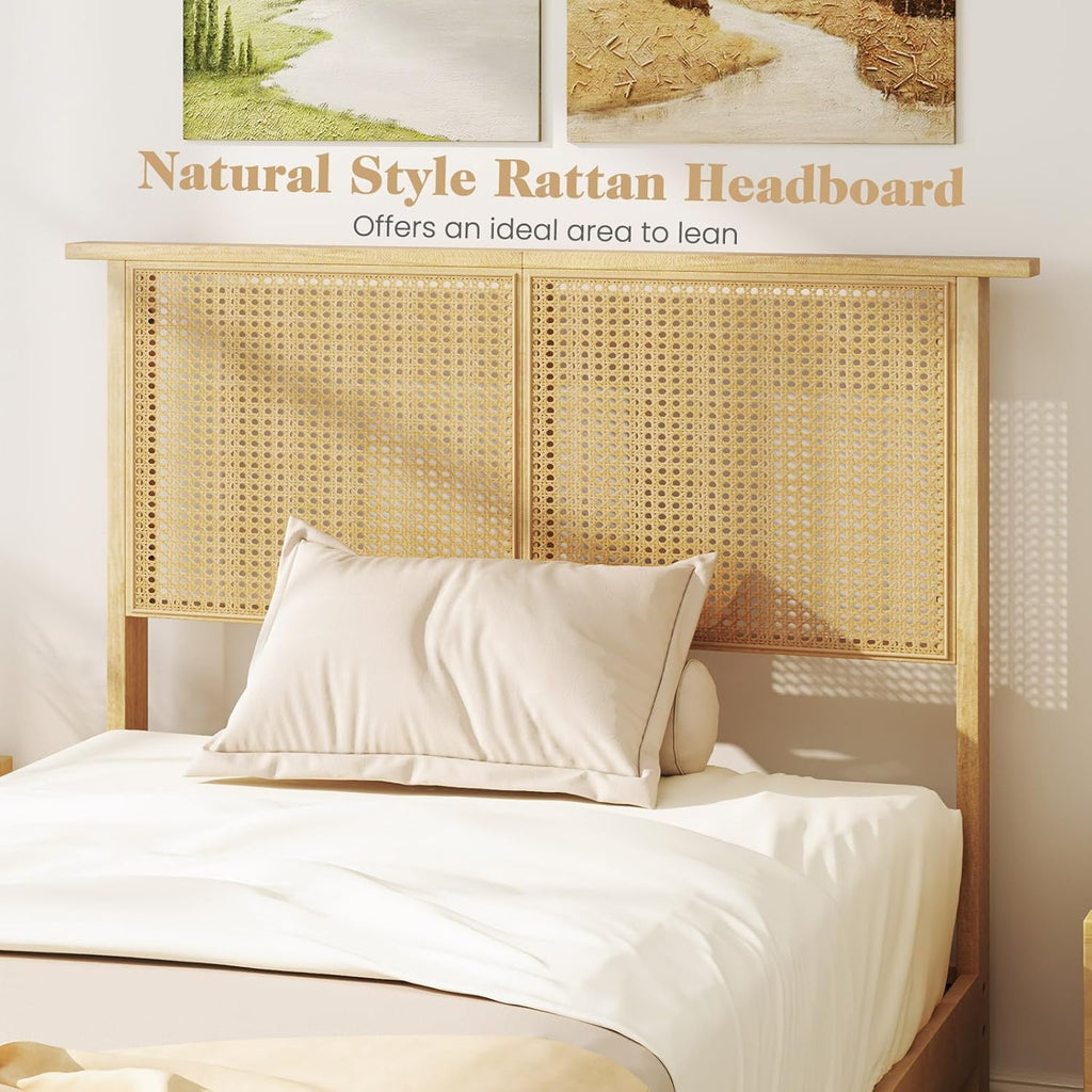 Giantex Rattan Twin Bed Frame with Headboard, Boho Solid Wood Platform Bed with Wooden Foundation & Slats, Underneath Storage Space, Twin Bed Frames for Kids Adults, No Box Spring Needed, Natural