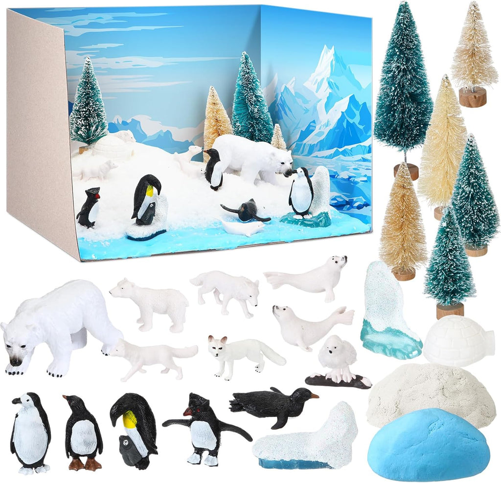 Polar Animals Diorama Supplies Arctic Animals Figures Project Artificial Pine Trees Mini Penguin Bear Fox with Gift Box for Birthday Gifts Decorations