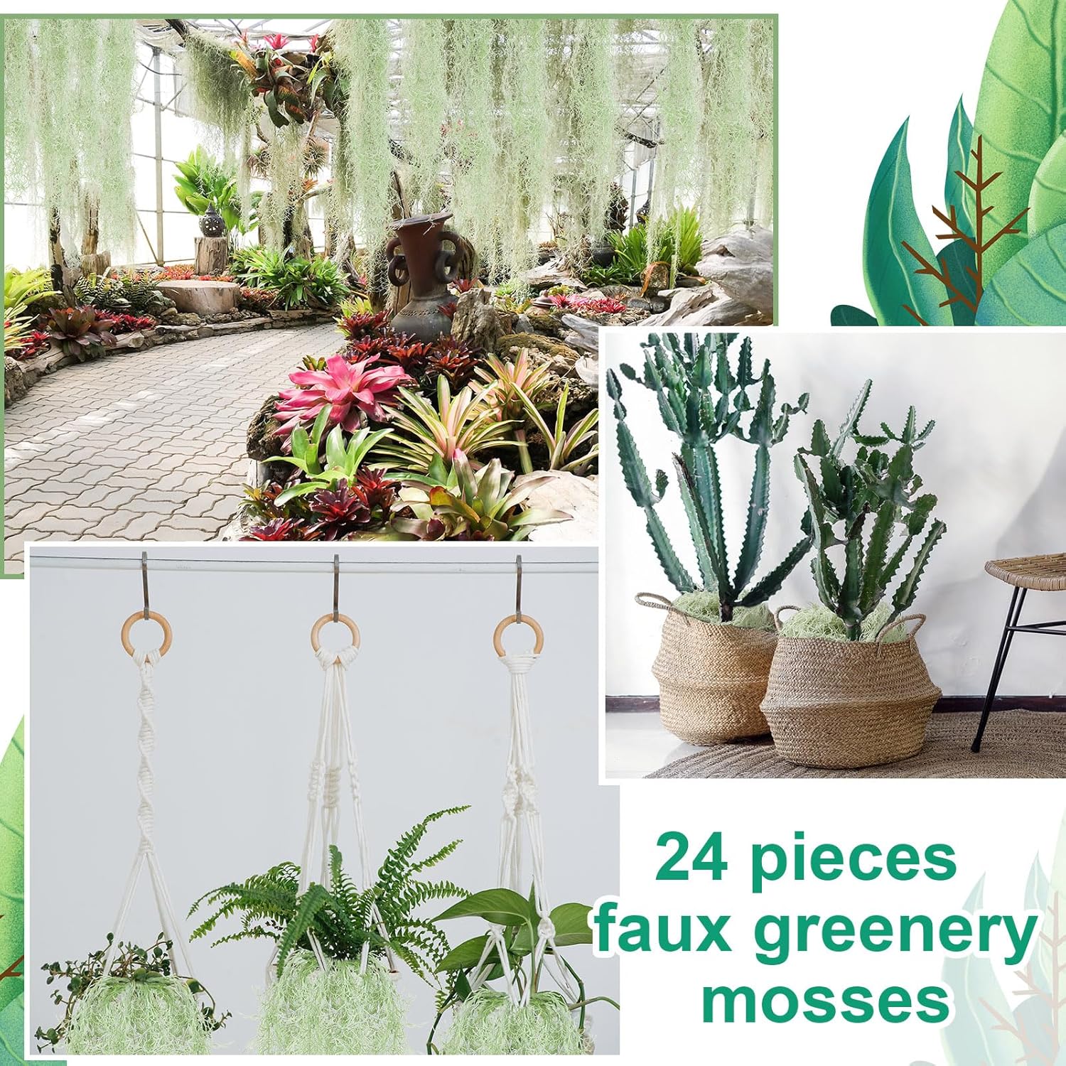 Cindeer 24 Pack Fake Spanish Moss Artificial Hanging Decoration Bulk Faux Greenery Moss Garland for Potted Wall Living Room Indoor Outdoor Decor(33 Inch,Dark Gray)