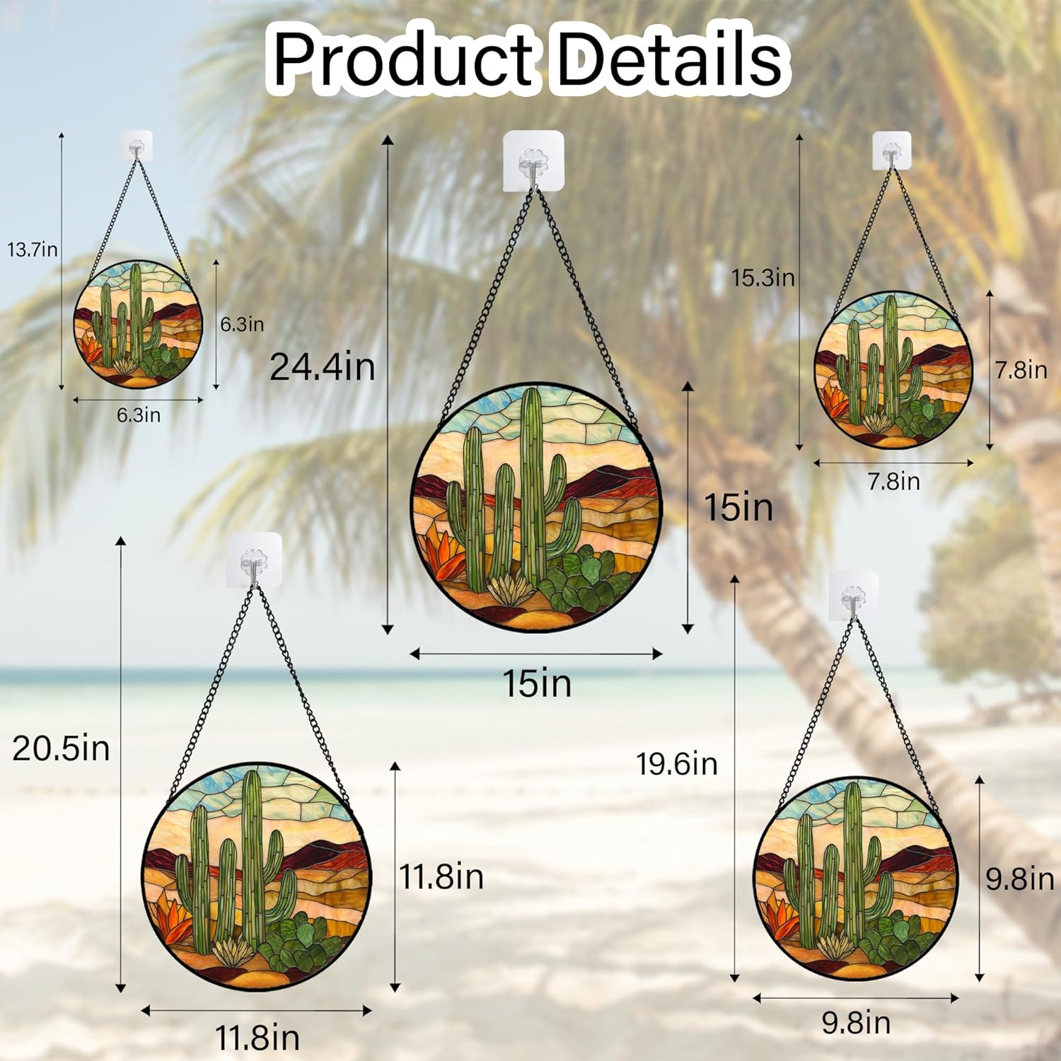 Stained Glass Window Hanging, Green Cactus Sun Catcher for Door Terrace Garden Home Decor, Abstract Desert Landscape Suncatcher Birthday Gifts for Lovers Women Men Dad Mom Nana 15 in