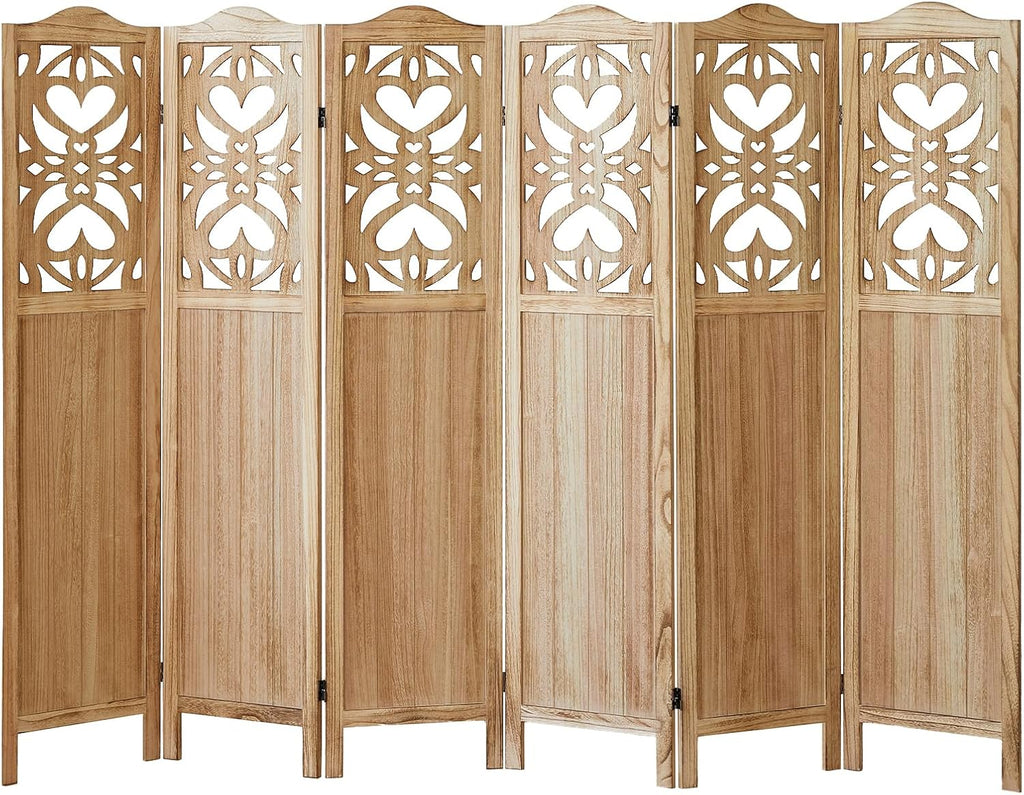 Wood Room Divider 6 Panel 5.6Ft Carved Room Divider and Folding Privacy Screen, Minimalism Portable Partition Screen Divider for Room Separation, Room Decoration for Home Office - Natural