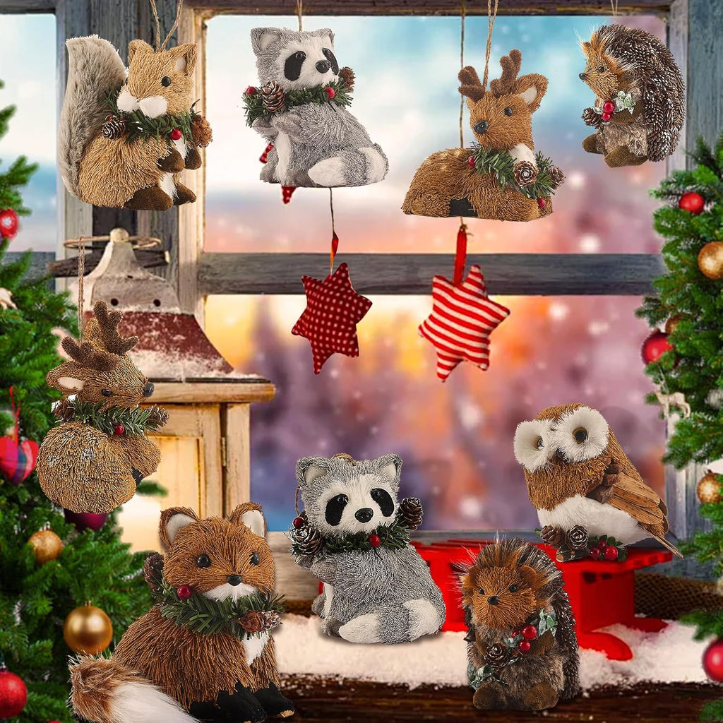 naturevibe Sisal Woodland Animals Christmas Tree Ornaments,Set of 6 Natural Woodland Creatures Christmas Ornaments in Gift Box for Rustic Christmas Tree Decorations or Farmhouse Decor