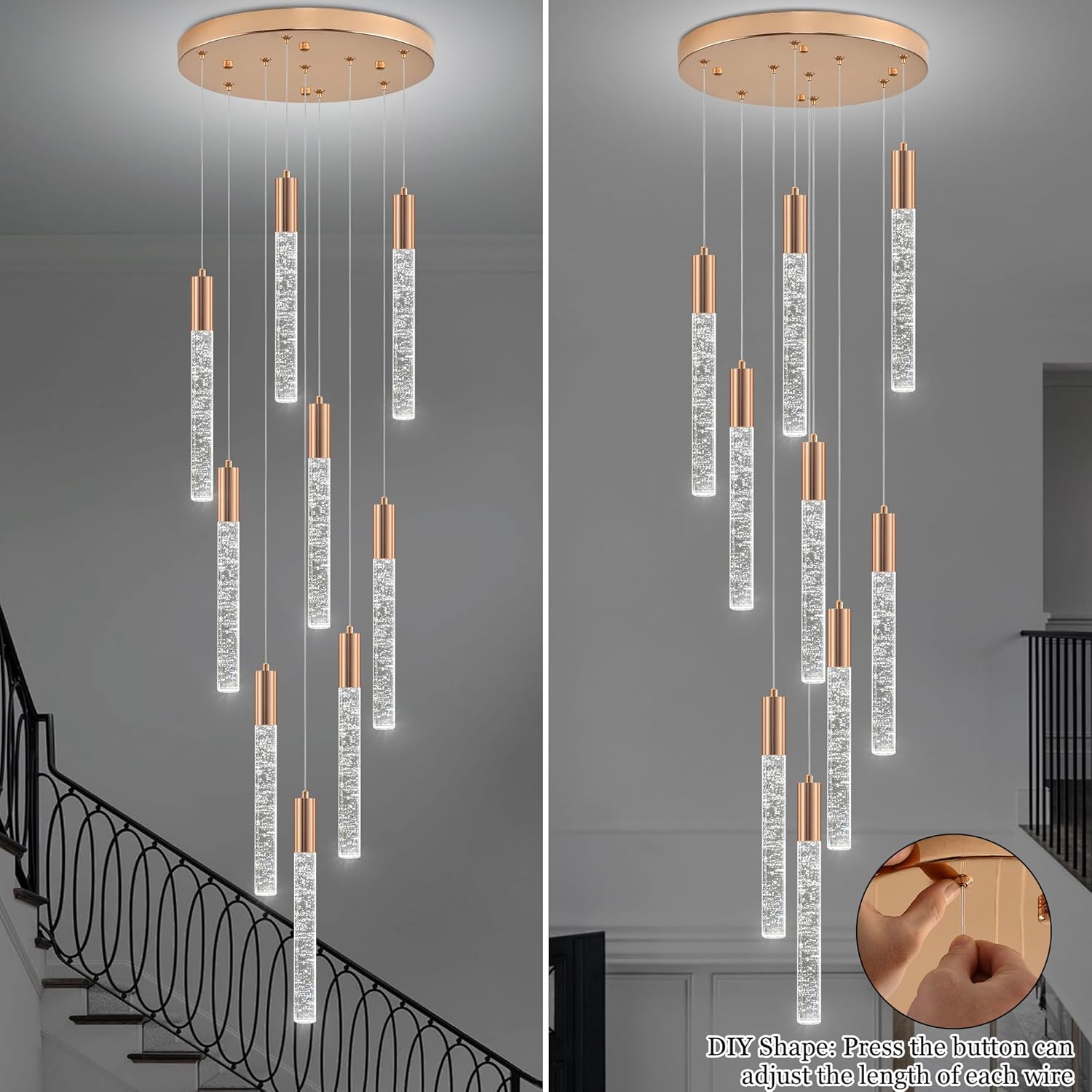 Modern High Ceiling Crystal Chandelier 9-Lights, Gold Spiral LED Raindrop Foyer Pendant Lighting, Bubble Staircase Living Room Hanging Light Fixture Flush Mount