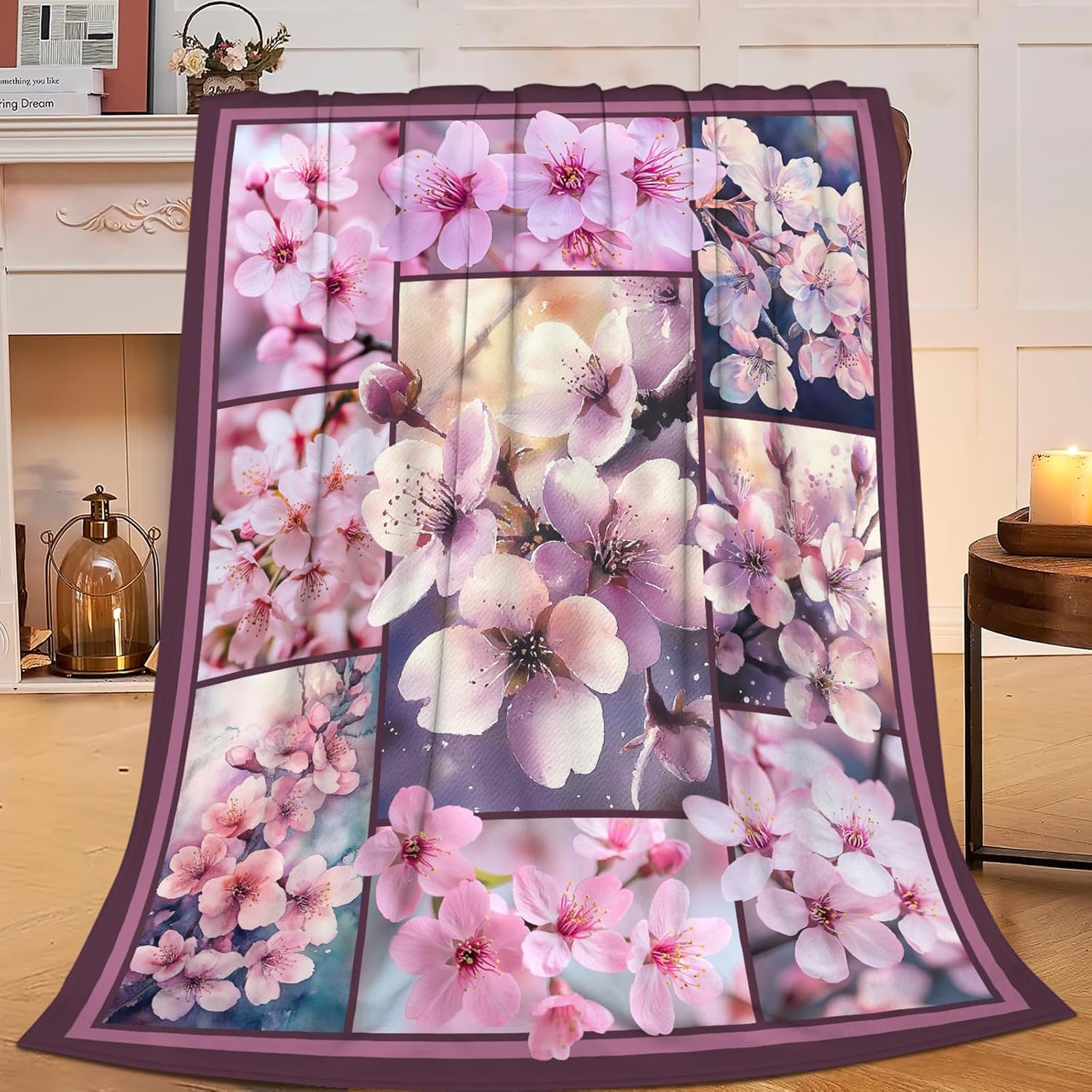Cherry Blossoms Throw Blanket Japanese Sakura Floral Print Throw Blankets Gifts for Couch Sofa Bed Stuff Decor Lightweight Soft Cozy Fleece Plush Flannel Bedding for Lover Men Women 60"x80"