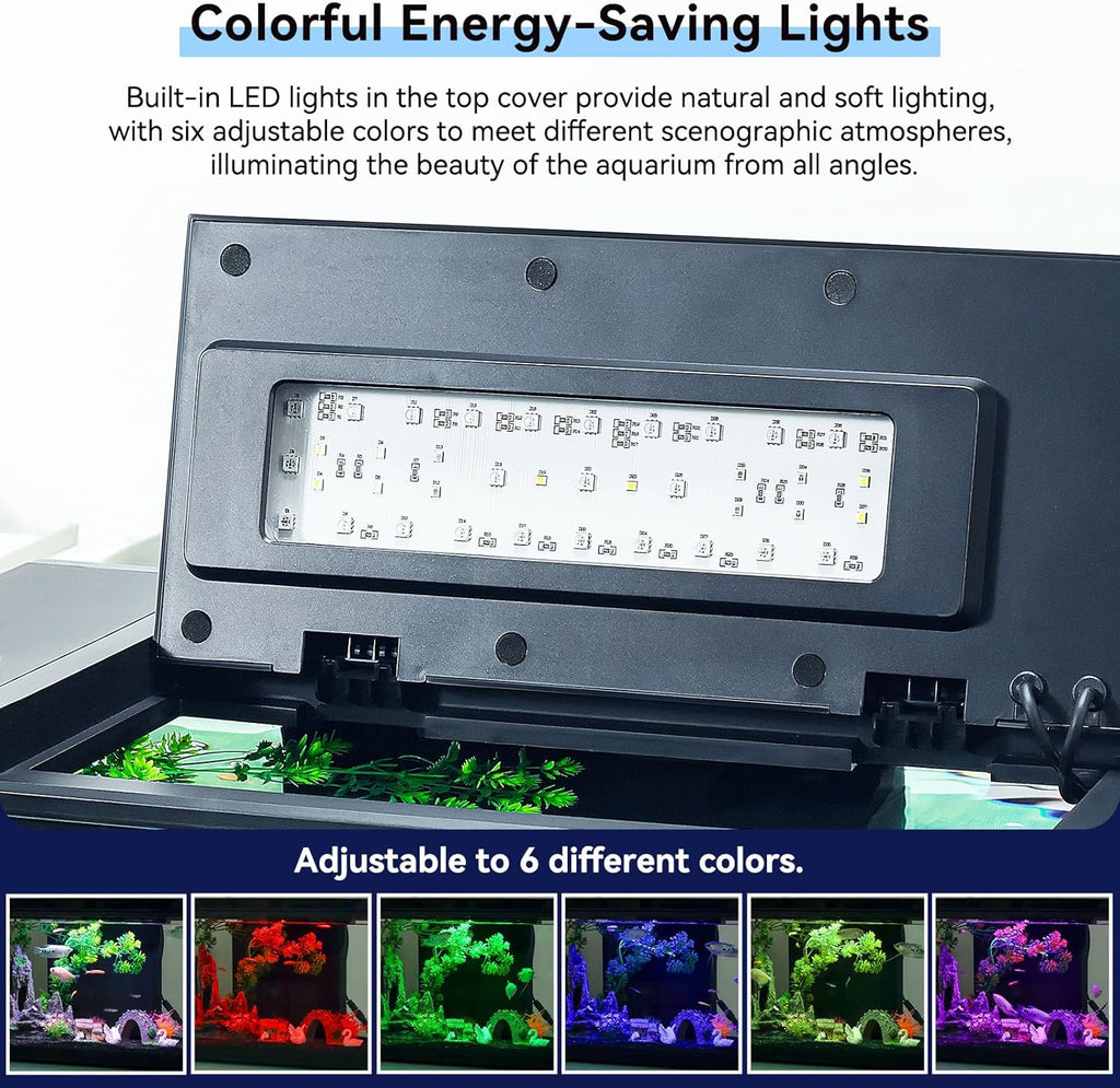 17.6 x 11.3 x 9.7 Inch Fish Tank Kit Complete with Real-Time Temp Display, 3-Speed Water Pump, Smart Storage, Flexible Filter & 6 Color Lights Ideal Aquarium for Betta Fish & Goldfish