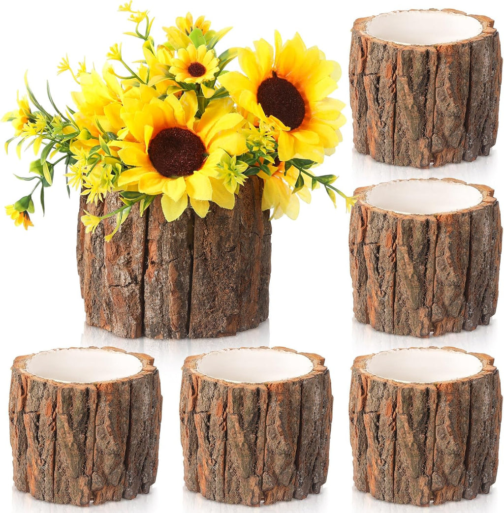 6 Pcs Wooden Vase for Centerpieces Christmas Table Decor Wooden Flower Vase Rustic Bark Stump Buckets Vintage Wood Planter Pots for Xmas Woodland Party Wedding Window Home Farmhouse (Large)