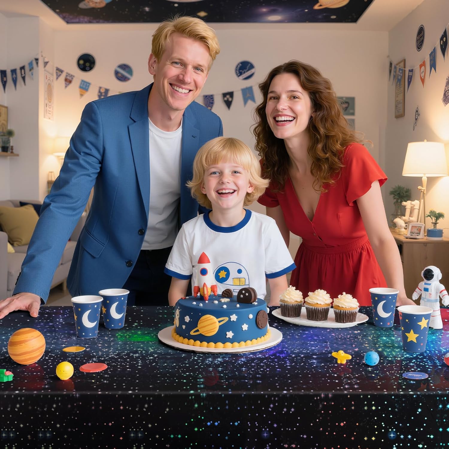 2 Pack Iridescent Galaxy Holography Tablecloth, 54'' x 108'' Color-Shifting Space Table Cover with Reflective Stars, Disposable Plastic, Waterproof & Durable for Starry Night, Birthday, Party Décor
