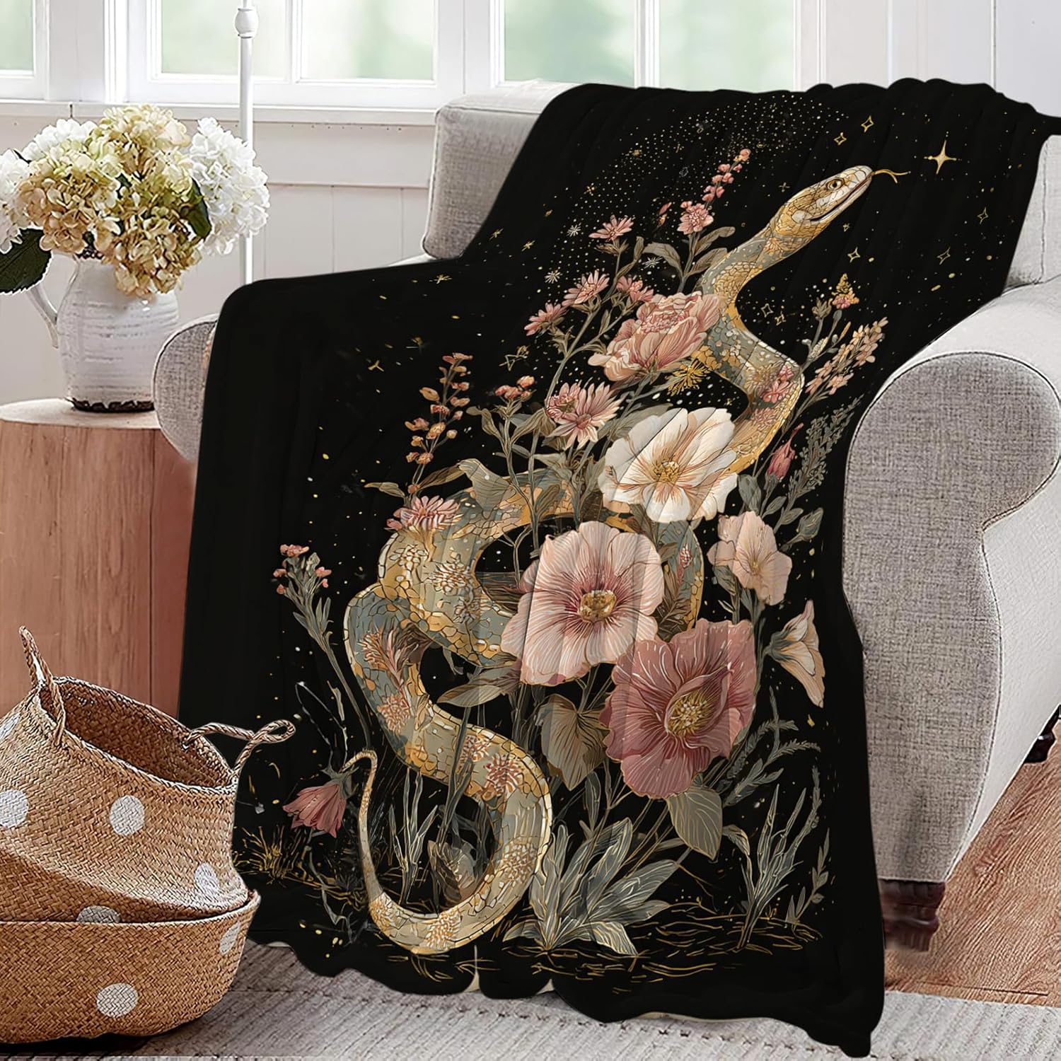 Golden Snake Blanket Fantasy Floral Reptiles Throw Blankets Gifts for Girls Boys Kids Snake Lover Soft Cozy Fleece Plush for Couch Sofa Bed 60"x50"