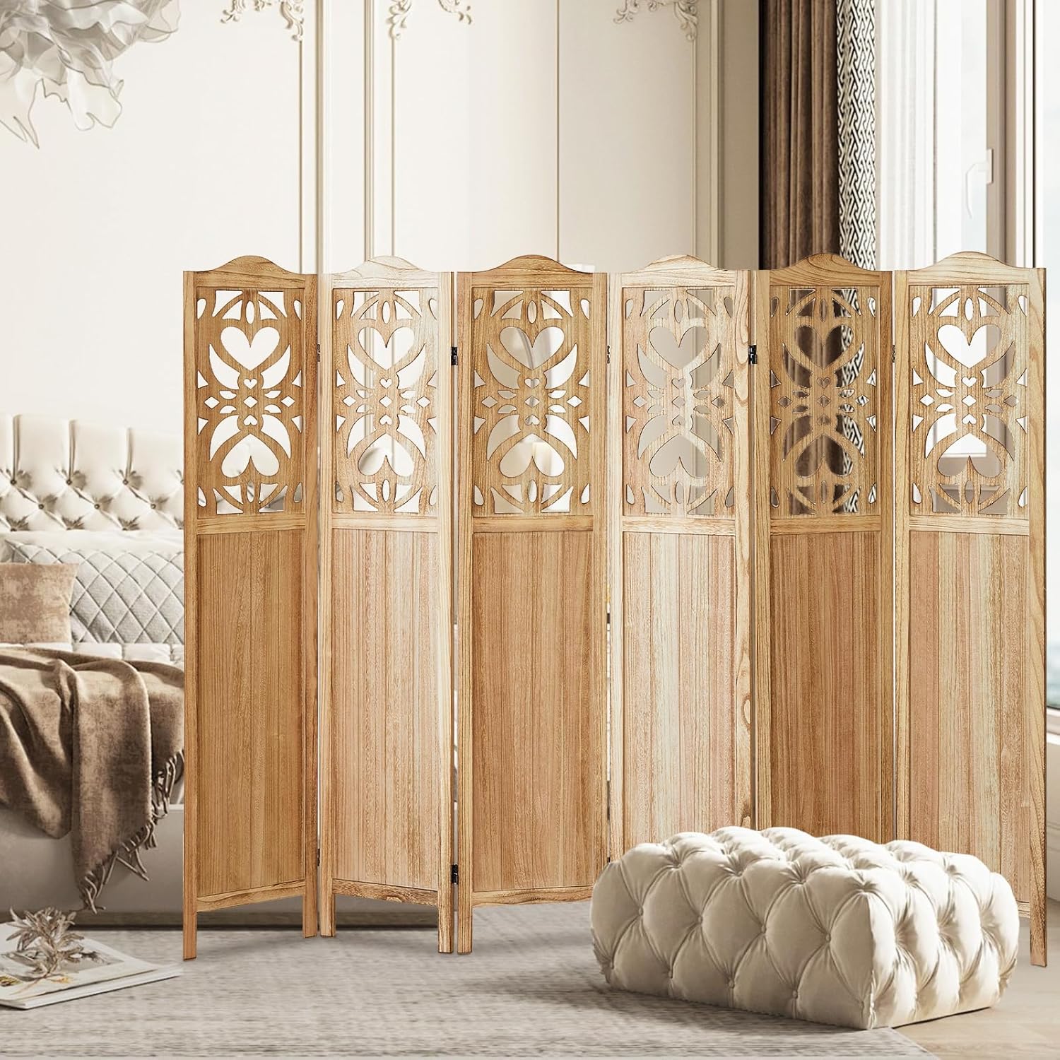 Wood Room Divider 6 Panel 5.6Ft Carved Room Divider and Folding Privacy Screen, Minimalism Portable Partition Screen Divider for Room Separation, Room Decoration for Home Office - Natural