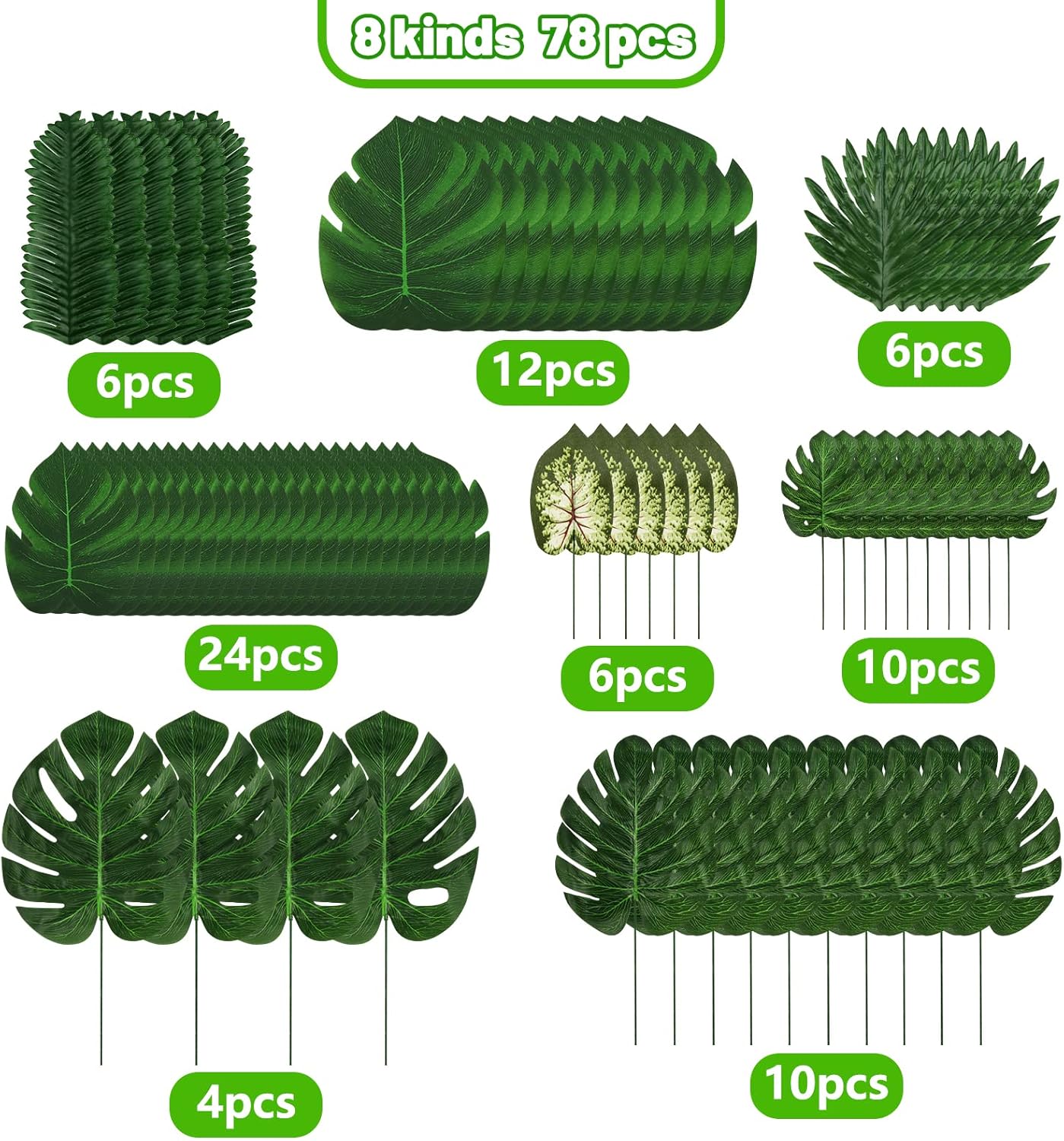 Jungle Party Decorations, 78 Pieces 8 Kinds Artificial Palm Leaves Green Tropical Leaves with Stems Jungle Leaves Decorations Palm for Hawaiian Luau Party Jungle Beach Table