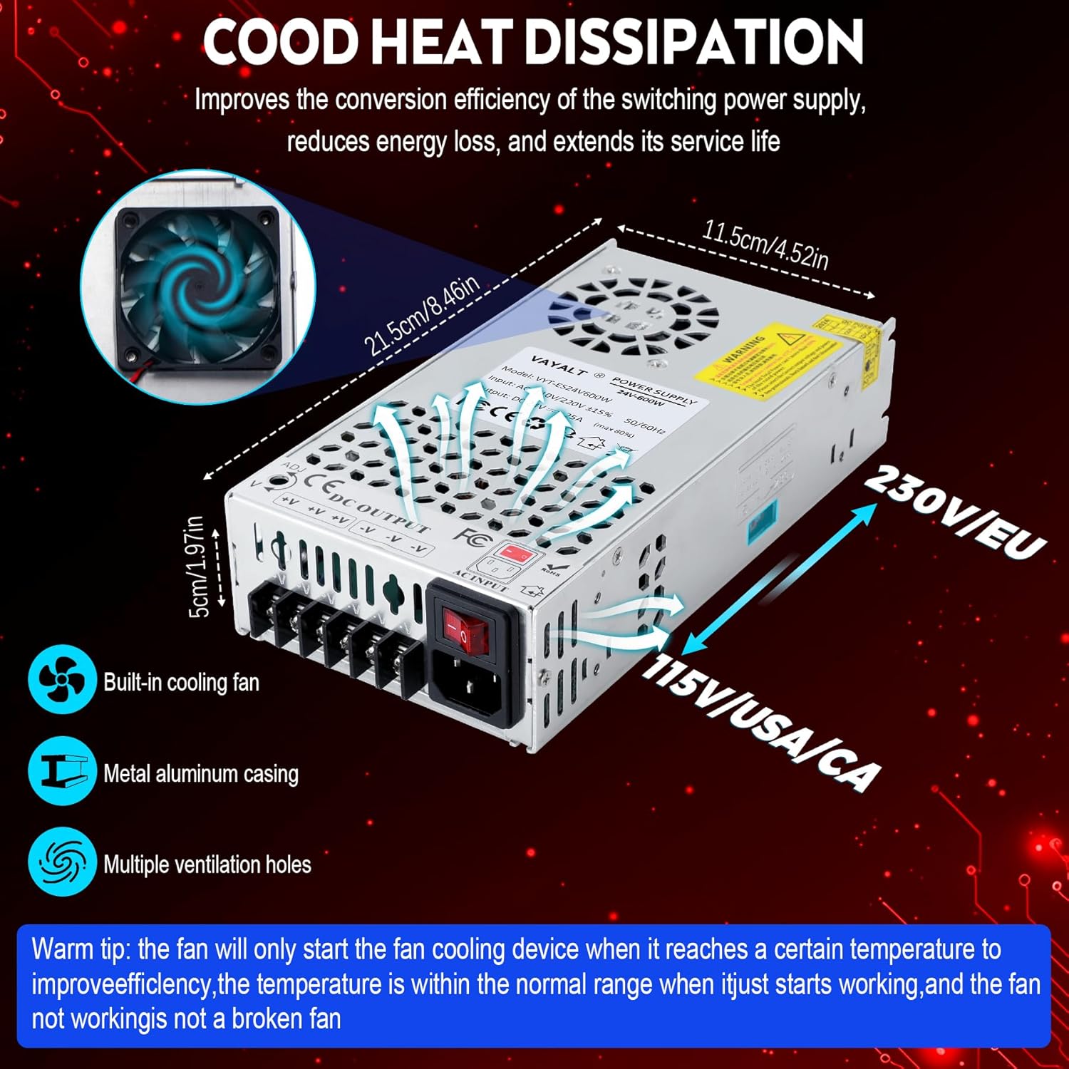 VAYALT 24V 25A 600W DC Switching Power Supply, Universal Regulated Switching AC 110V/220V to DC 24V Transformer, Power Supply for Industrial, CCTV, Computer Project, 3D Printer, LED Strip Light
