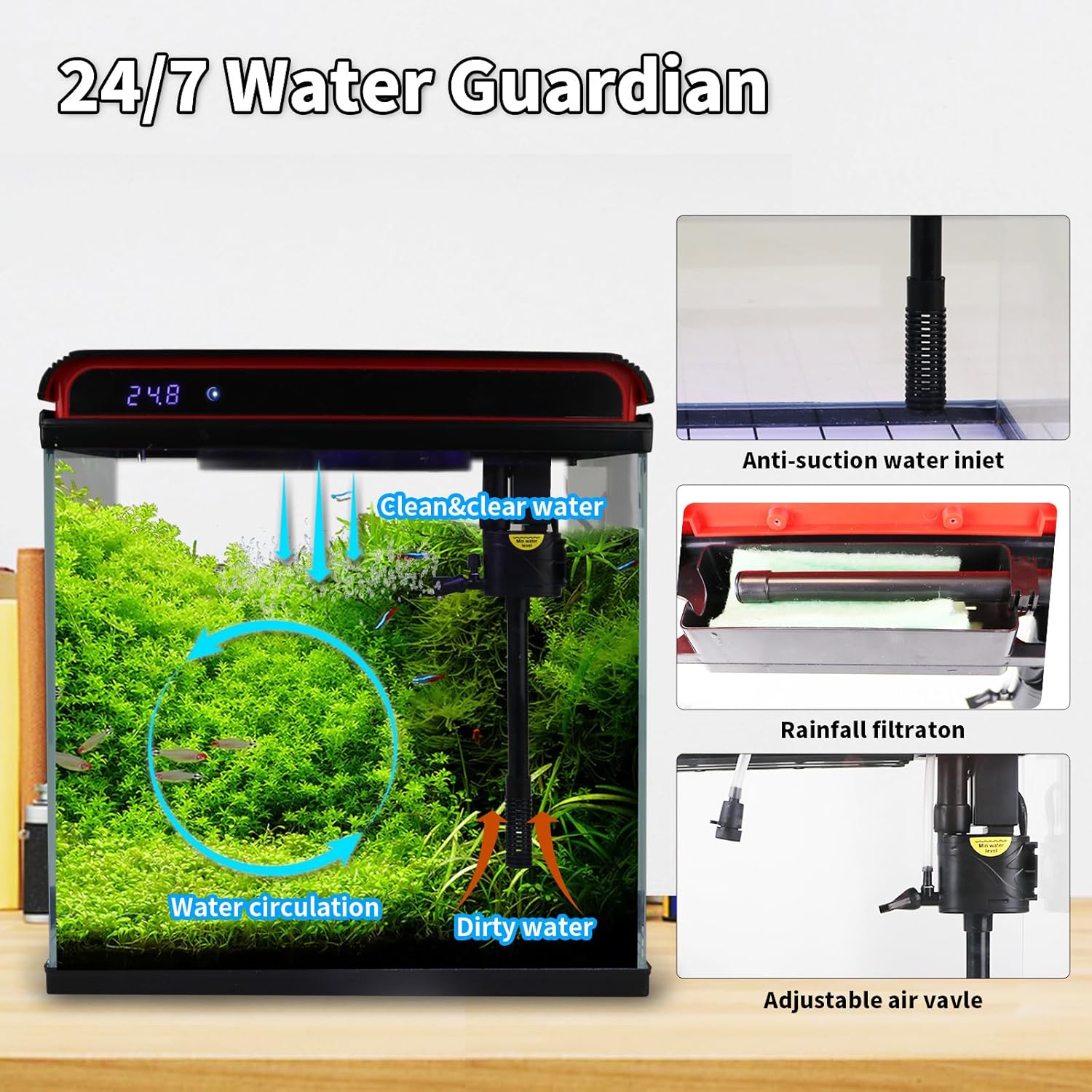 Glass 5 Gallon Fish Tank Aquarium - Smart Self-Cleaning Starter Kit with 3-Color LED Light, Ultra Quiet Pump & Filter, Temperature Monitoring for Betta Fish and Shrimp