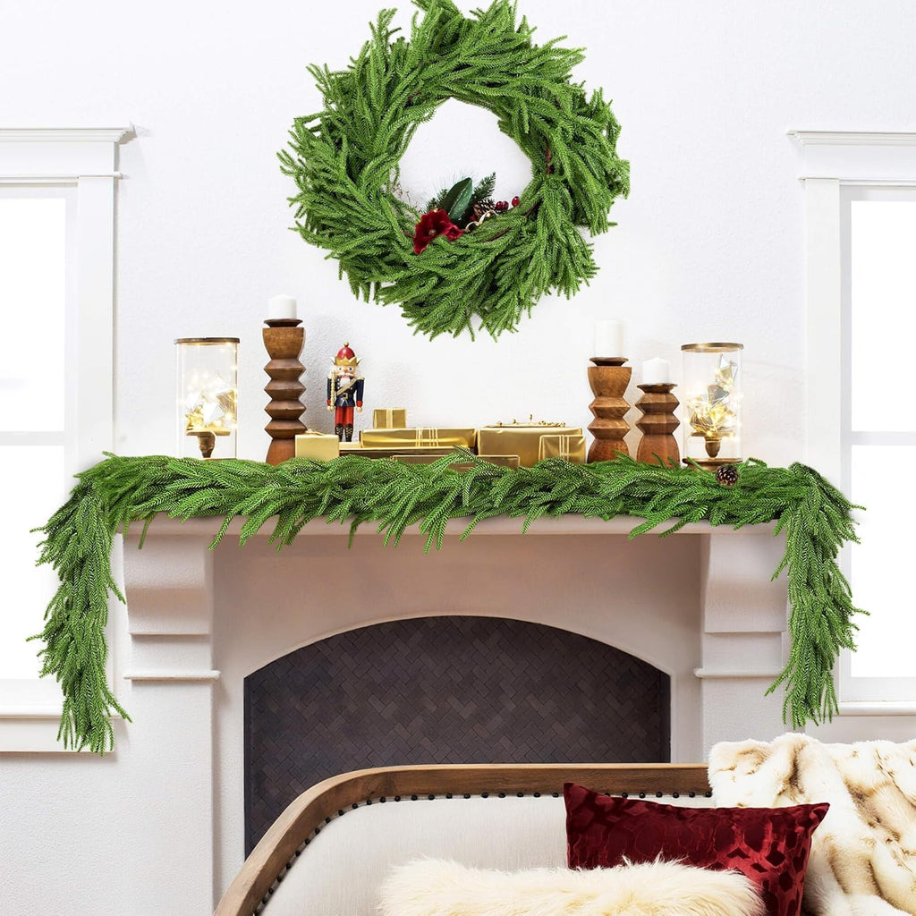 9ft 1pcs Christmas Norfolk Pine Garlands Dense Realistic Artificial Faux Greenery Garland Winter Christmas Garland for Fireplace, Wall, Window, Indoor Outdoor Xmas Decor
