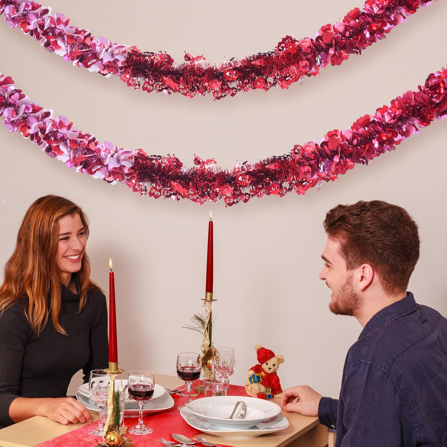 Meag-L 3 Pcs Valentine Garland Tree Decorations Valentine's Day Decors Heart Metallic Tinsel Garlands 29.5Ft Total for Mantle Birthday Anniversary Wreath Indoor Supplies Wedding Party (Red Pink White)
