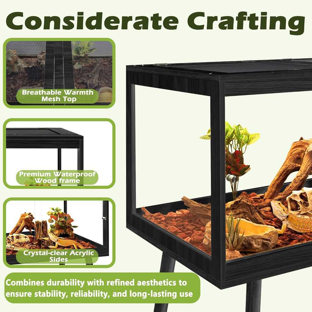 Prolee Bearded Dragon Tank with Leg Stand,Wooden Lizard Tank,Reptile Tank with Metal Mesh Roof Door, Acrylic Panel Snake Tank with Lock Design (Black, 48"x20"x20")