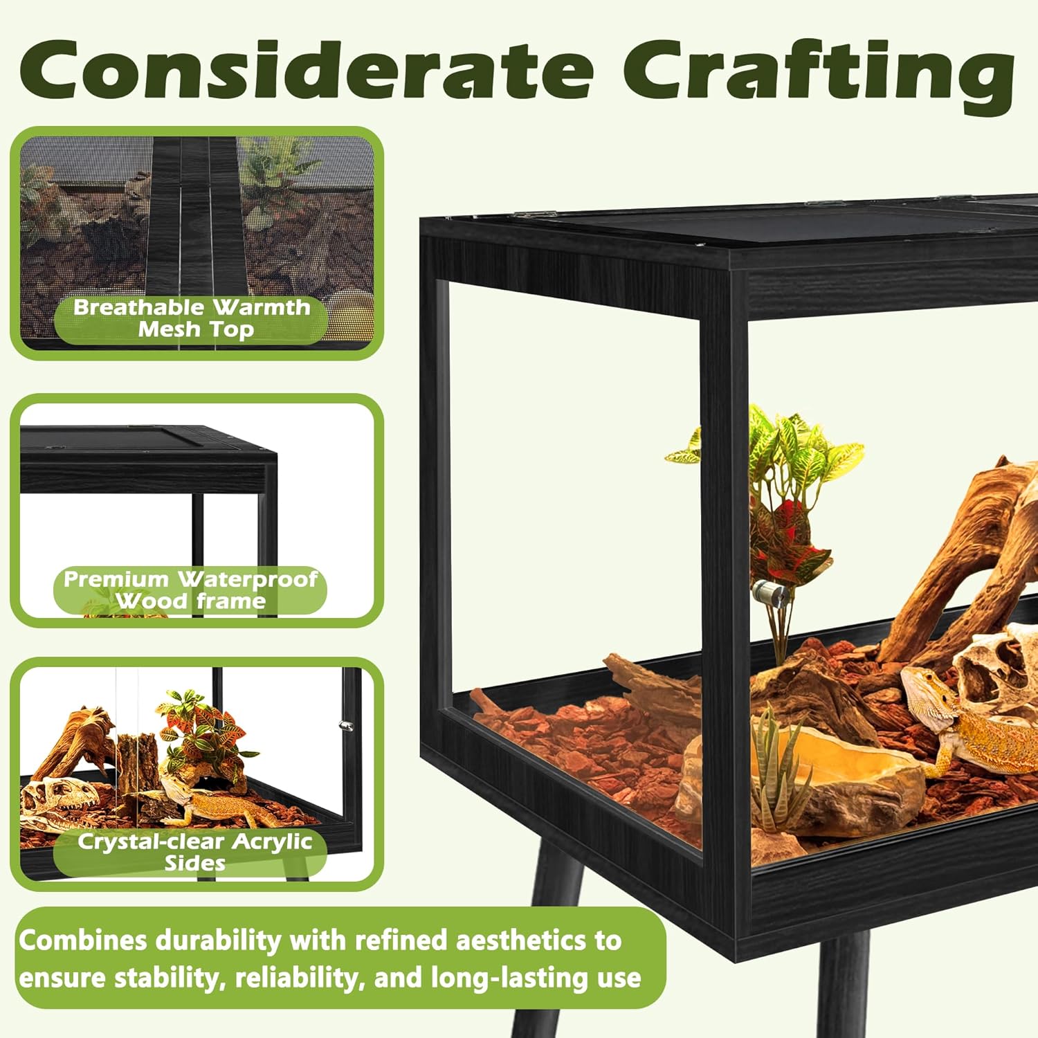 Prolee Bearded Dragon Tank with Leg Stand,Wooden Lizard Tank,Reptile Tank with Metal Mesh Roof Door, Acrylic Panel Snake Tank with Lock Design (Black, 48"x20"x20")