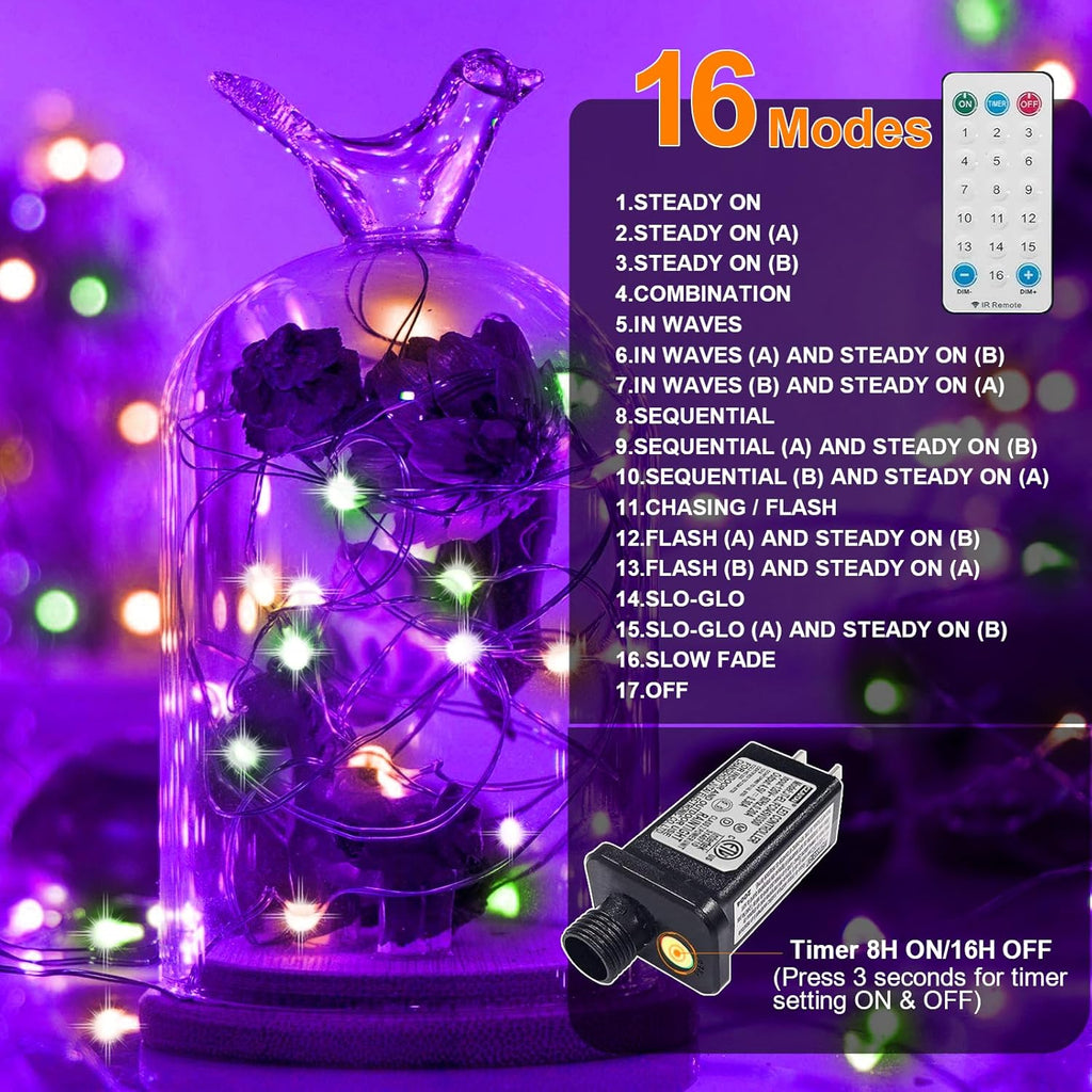 LAMPHOME Halloween Fairy Lights Plug in, 33Ft 100 LEDs Waterproof Twinkle Firefly Lights, Adaptor Included, Starry String Lights for Wedding Indoor Outdoor Christmas Patio Garden, Orange Purple Green