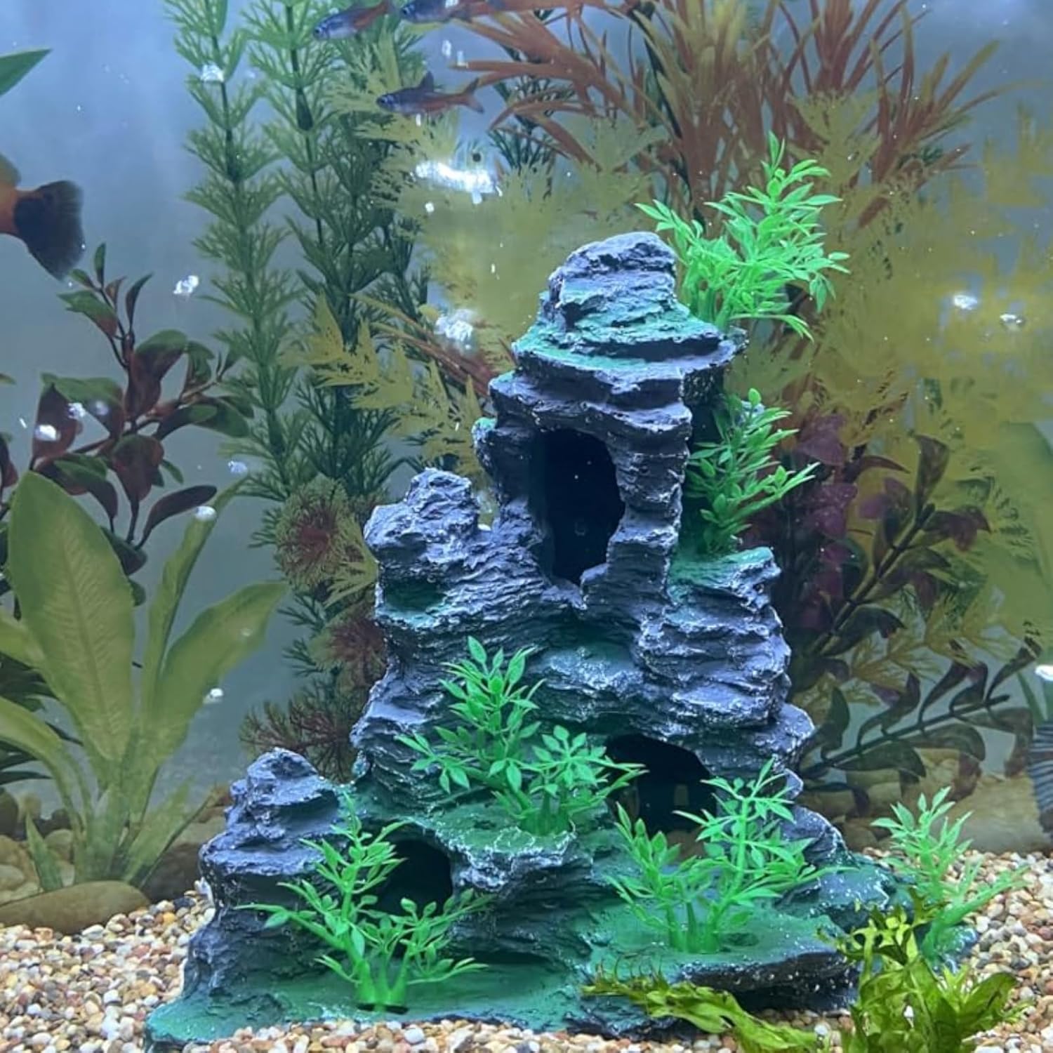 Saim Aquarium Mountain View Stone Ornament, Artificial Mountain Hill View Stone Rock Cave Aquarium Decorations Fish Tank Decor for Betta Cichlids Hideaway Cave, Hermit Crab Hideout - Large