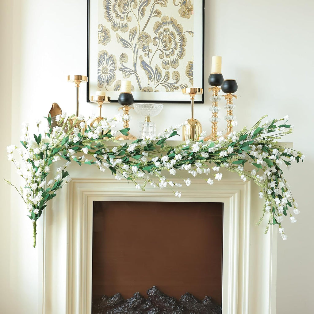 Mizii White Artificial Flower Garland 6FT Fake Wildflower Floral Garland Hanging Vines Spring Summer Flowers Decorations for Mantle Table Centerpieces Room Wall Fireplace Wedding Decor (White)
