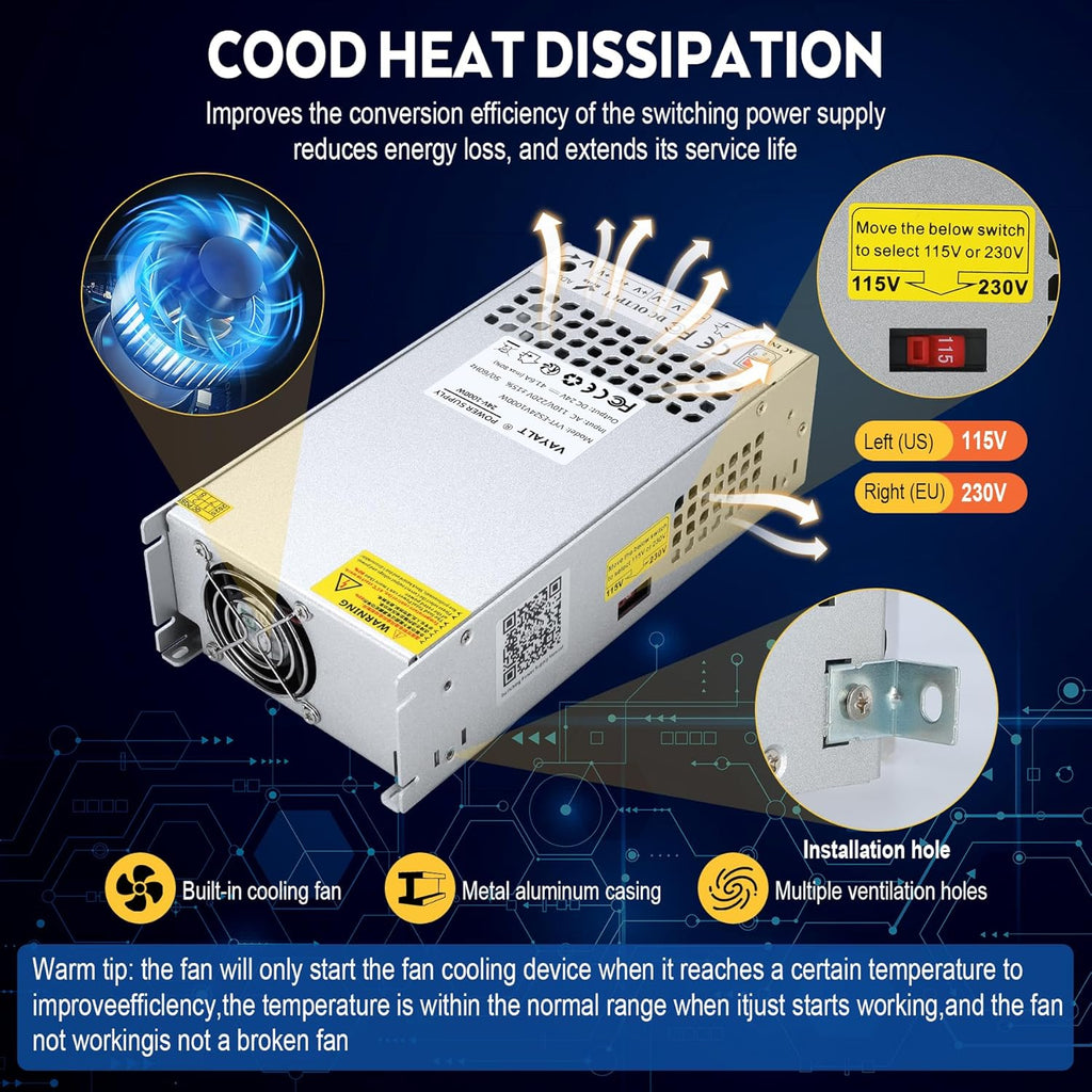 VAYALT 24V 41.6A 1000W DC Switching Power Supply, Universal Regulated Switching AC 110V/220V to DC 24V Transformer, 24V Power Suply for Industrial, Computer Project (No Power Cord)
