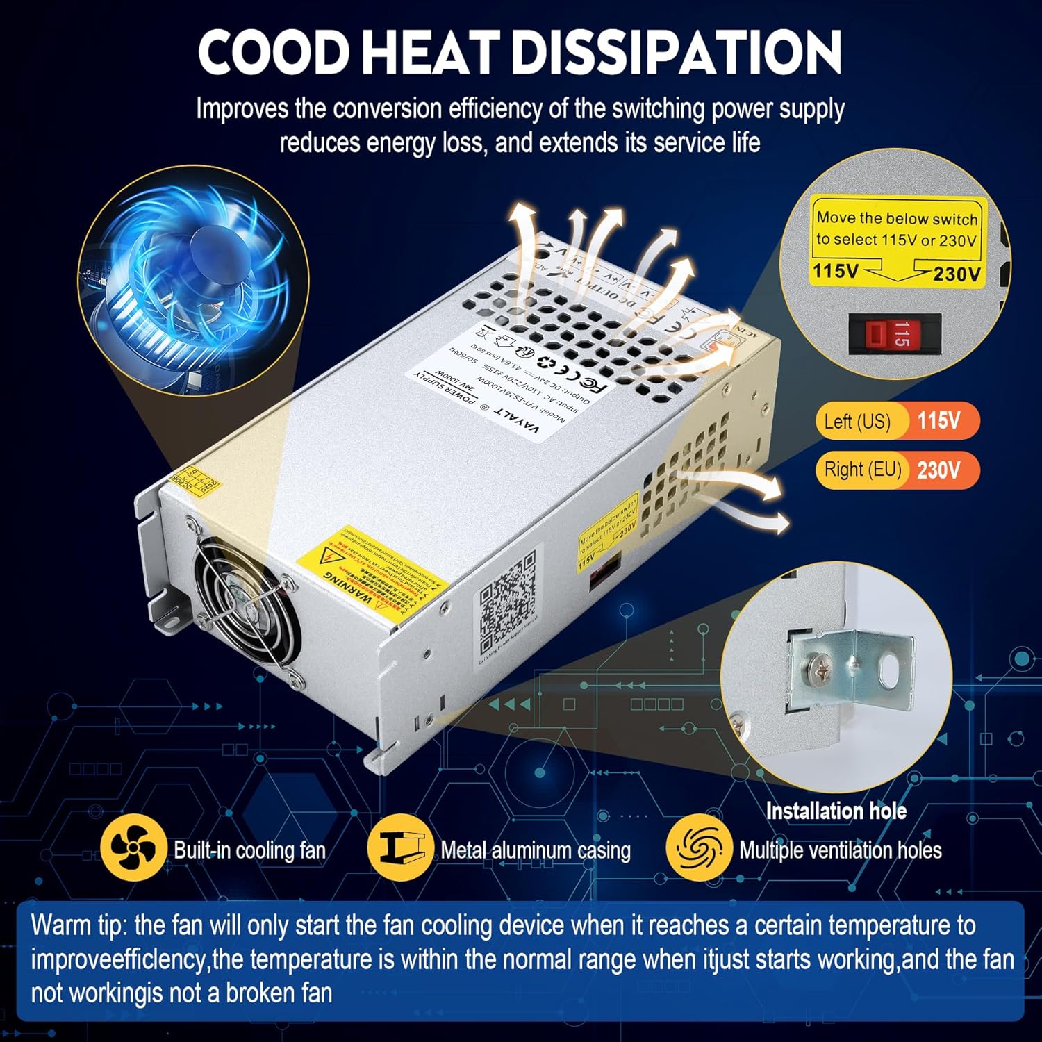 VAYALT 24V 41.6A 1000W DC Switching Power Supply, Universal Regulated Switching AC 110V/220V to DC 24V Transformer, 24V Power Suply for Industrial, Computer Project (No Power Cord)