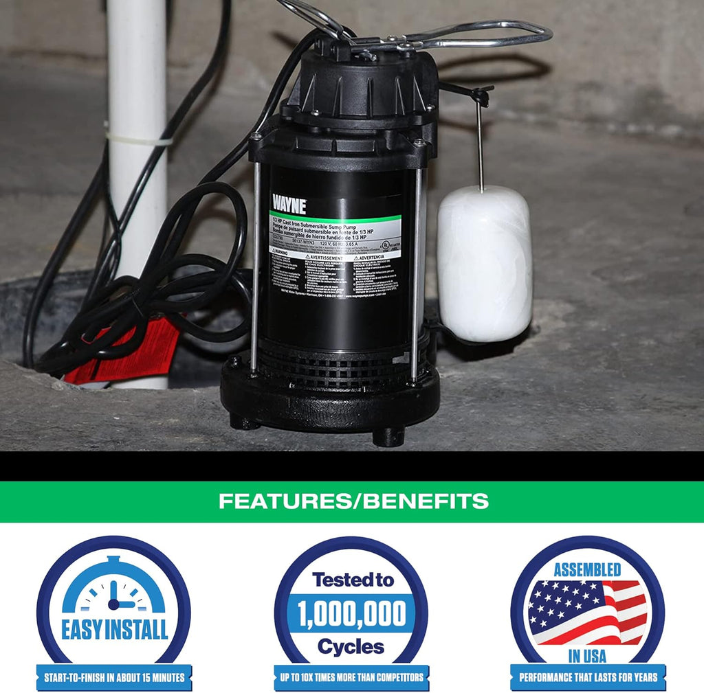WAYNE CDU790 - 1/3 HP Submersible Cast Iron and Stainless Steel Sump Pump with Integrated Vertical Float Switch - Up to 4,600 Gallons Per Hour - Heavy Duty Basement Sump Pump, Black