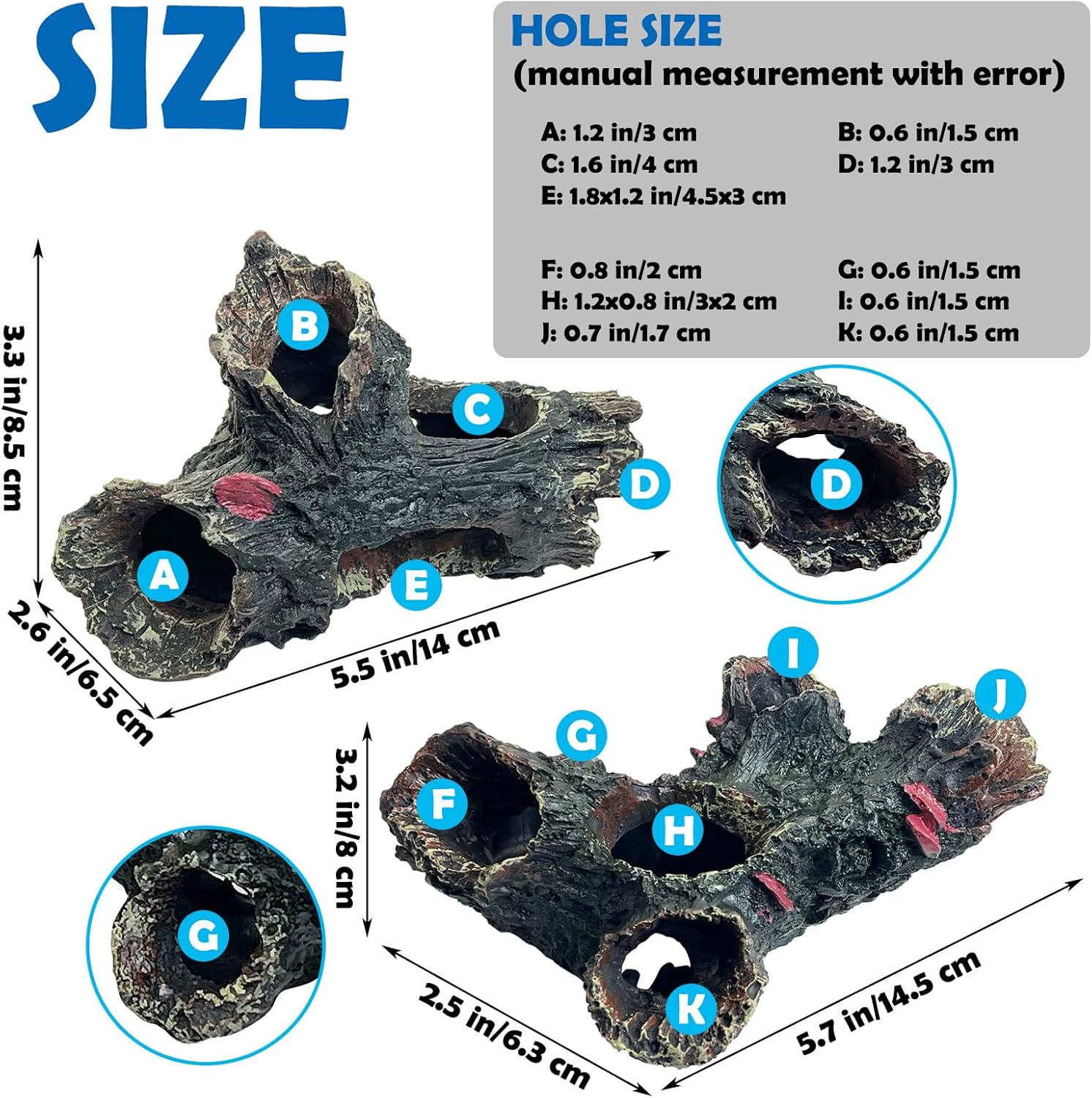 Tfwadmx Decaying Trunk Aquarium Ornament, Betta Fish Hideout Caves - Small Resin Aquarium Decoration Log with Holes for 20 Gallon Fish Tank
