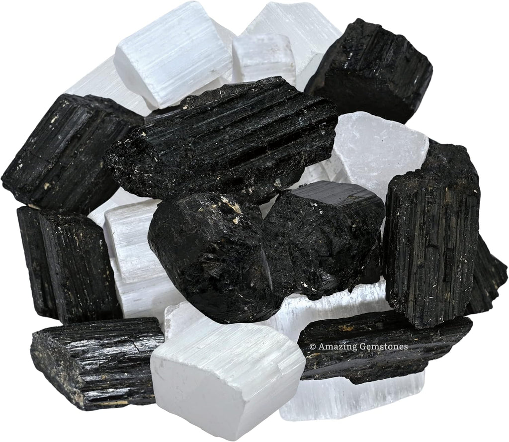 Amazing Gemstone Black Tourmaline Selenite Crystal - 1/2 lb Bulk Raw Black Tourmaline Crystals and Selenite Healing Crystals for Protection, Crystal Grid, Energy Piedra Selenita Original
