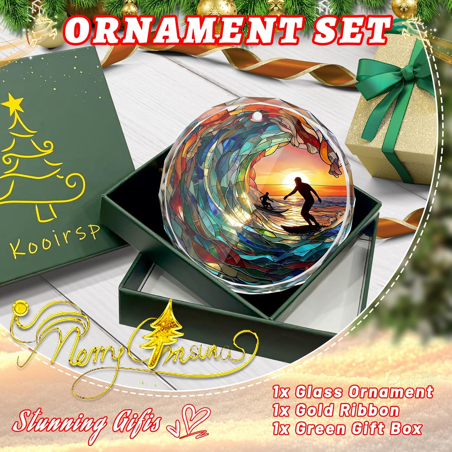 Surfing Stained Glass Ornament, Christmas Tree Decor, Surfing Ornaments for Christmas Tree, Holiday Presents, Gift Exchange