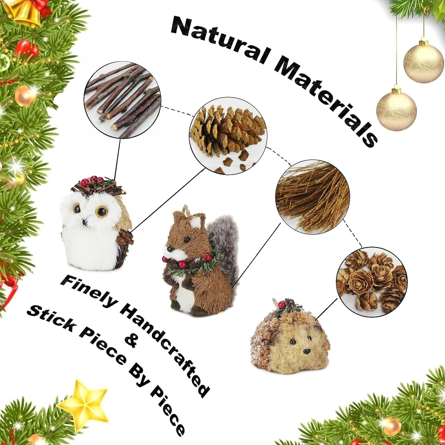 naturevibe Sisal Woodland Animals Christmas Tree Ornaments,Set of 6 Natural Forest Friends with Gift Boxes for Presents,Ornaments Animals as Rustic Home Decorations