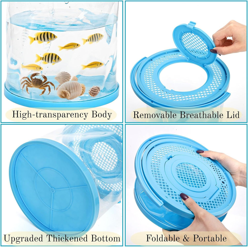 2 Pack Foldable Small Aquarium, Plastic Portable Fish Tank with Lid, Clear Fish Transport Container Fishing Bucket for Catch Release, Beach Travel, Lake, Outdoor, Blue